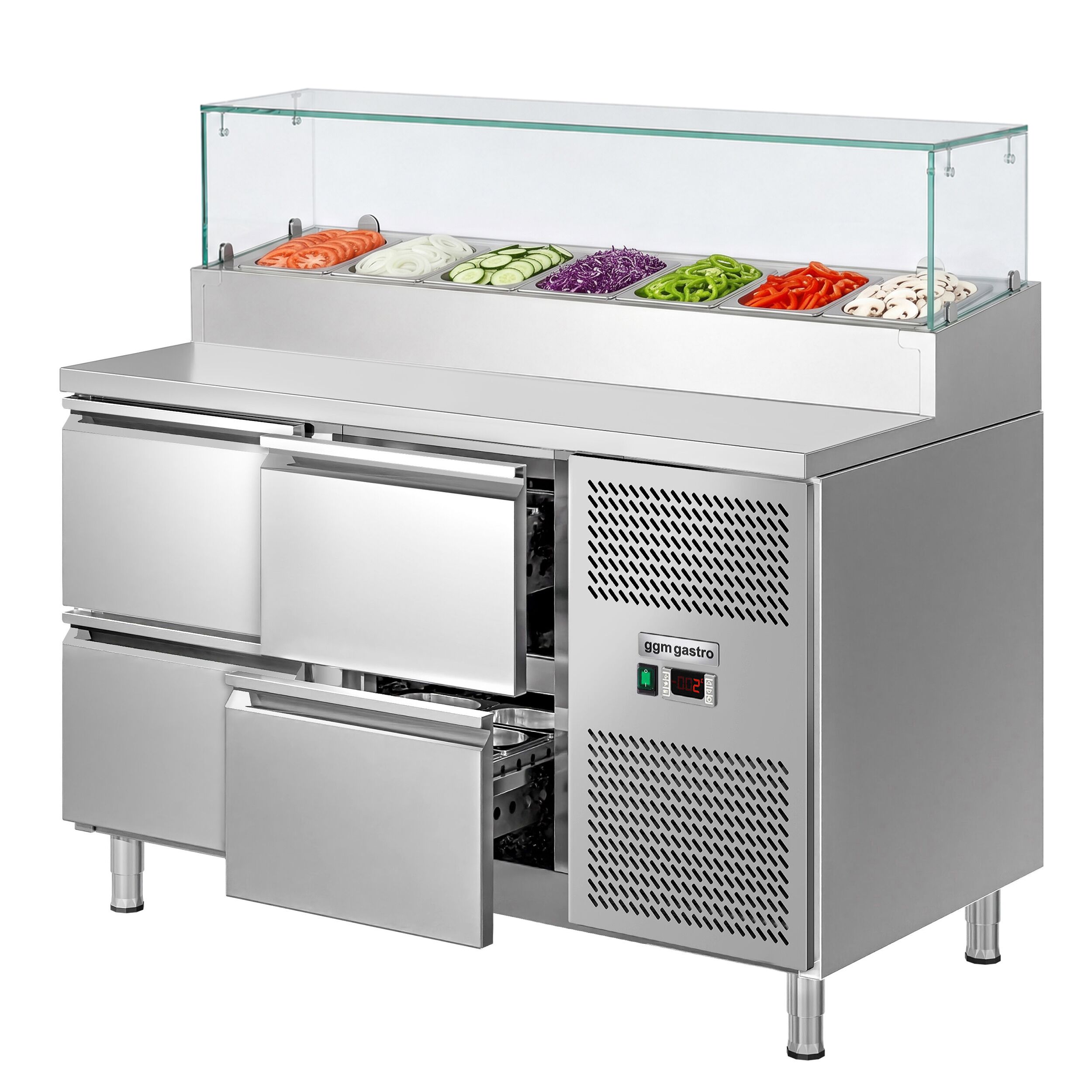 Zubereitungstisch ECO - 1360mm - 4 Schubladen - mit Glasaufsatz - für 7x GN 1/3