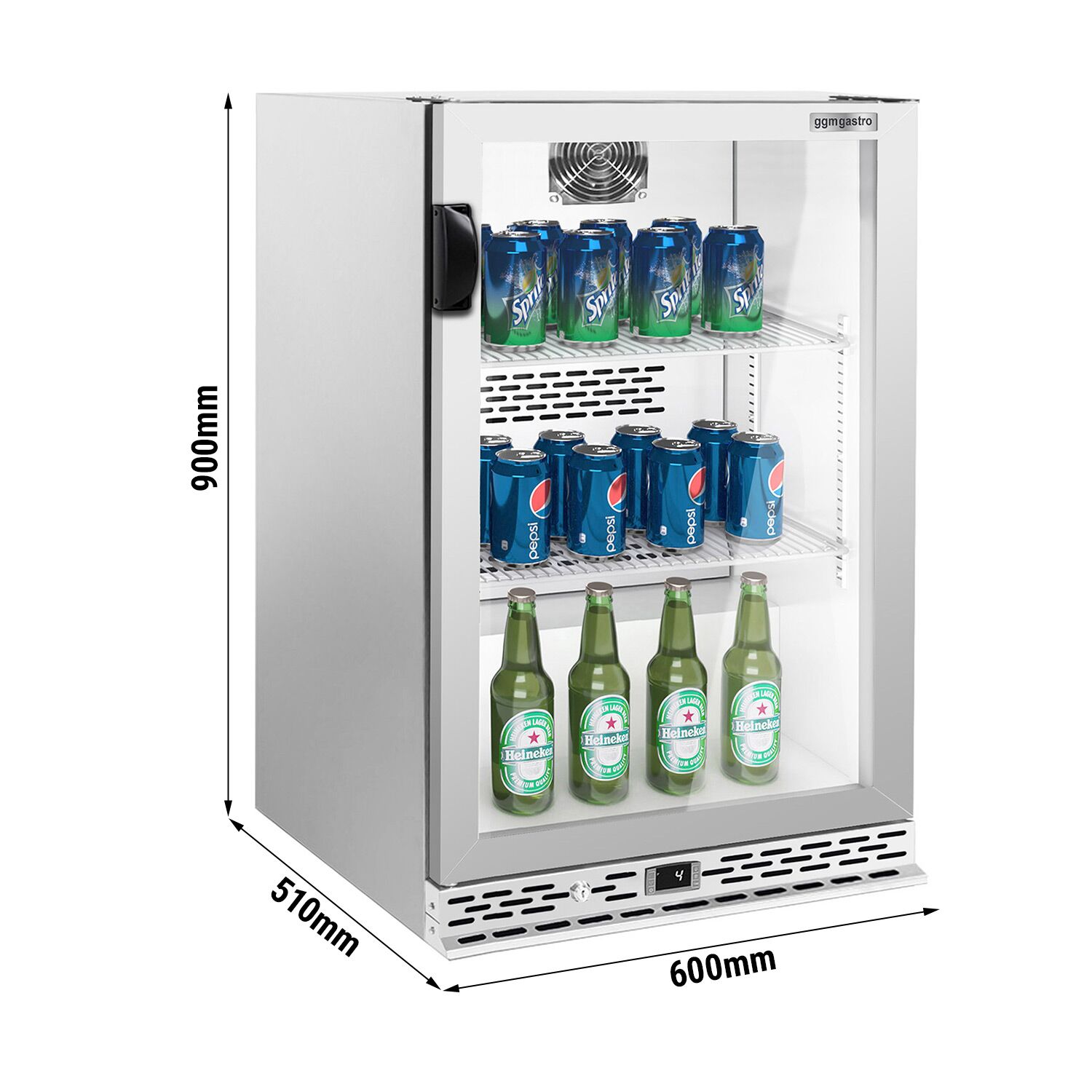 Réfrigérateur de bar – 600 mm – 125 litres – avec 1 porte vitrée battante – en inox
