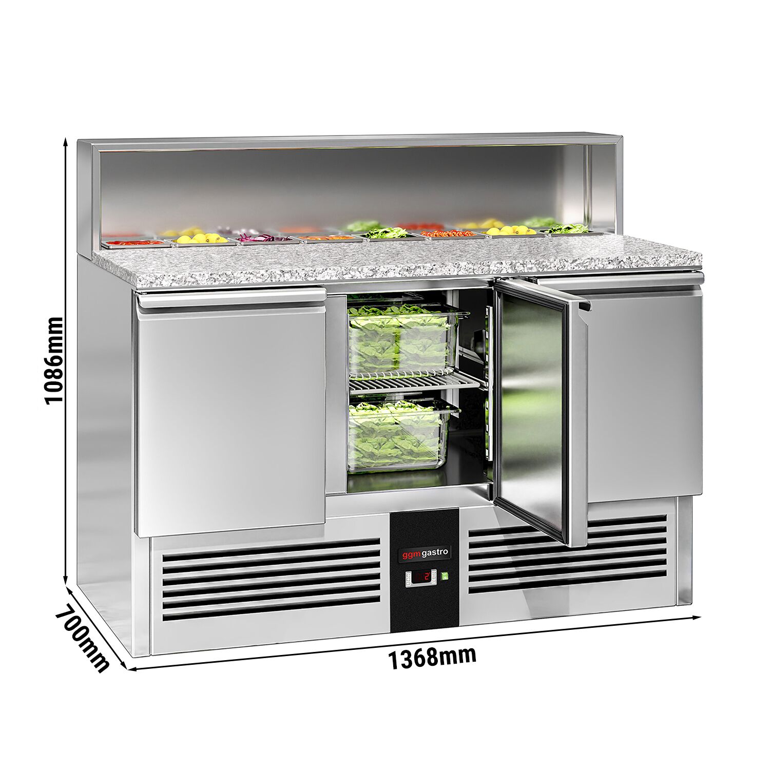 Saladette réfrigérée PREMIUM - 1368mm - 402L - 3 portes - ensemble inox (dessus GN) pour 8x GN 1/6 & Couvercle inox - plan de travail en granit noir