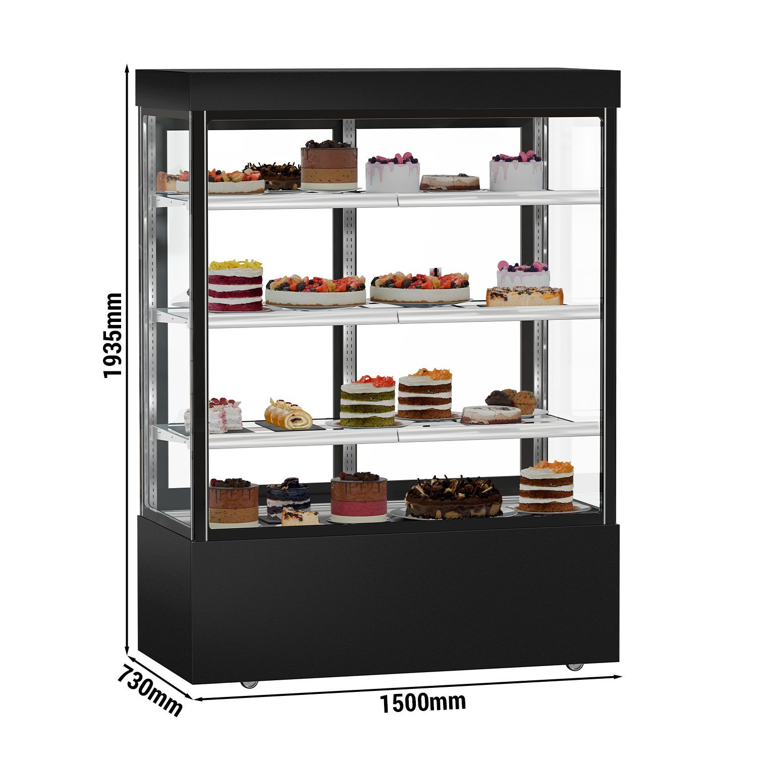 Vitrine réfrigérée 4 faces vitrées MADRID - 1010L - 1500mm - Double vitrage - avec 3 étagères en verre - portes coulissantes vitrées arrière - Noir mat