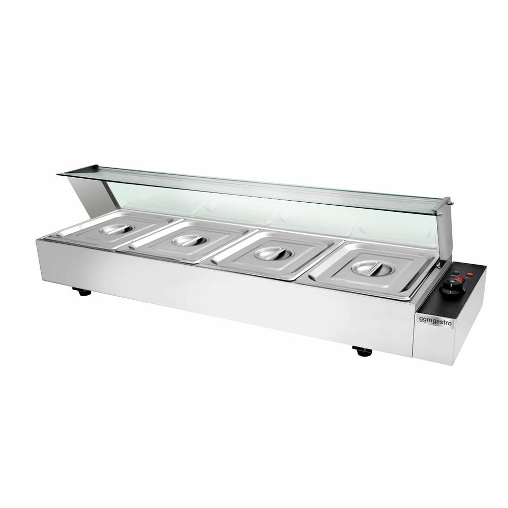 Bain-marie électrique à poser avec pare-haleine en verre - 4x GN 1/2 - 1,5 kW