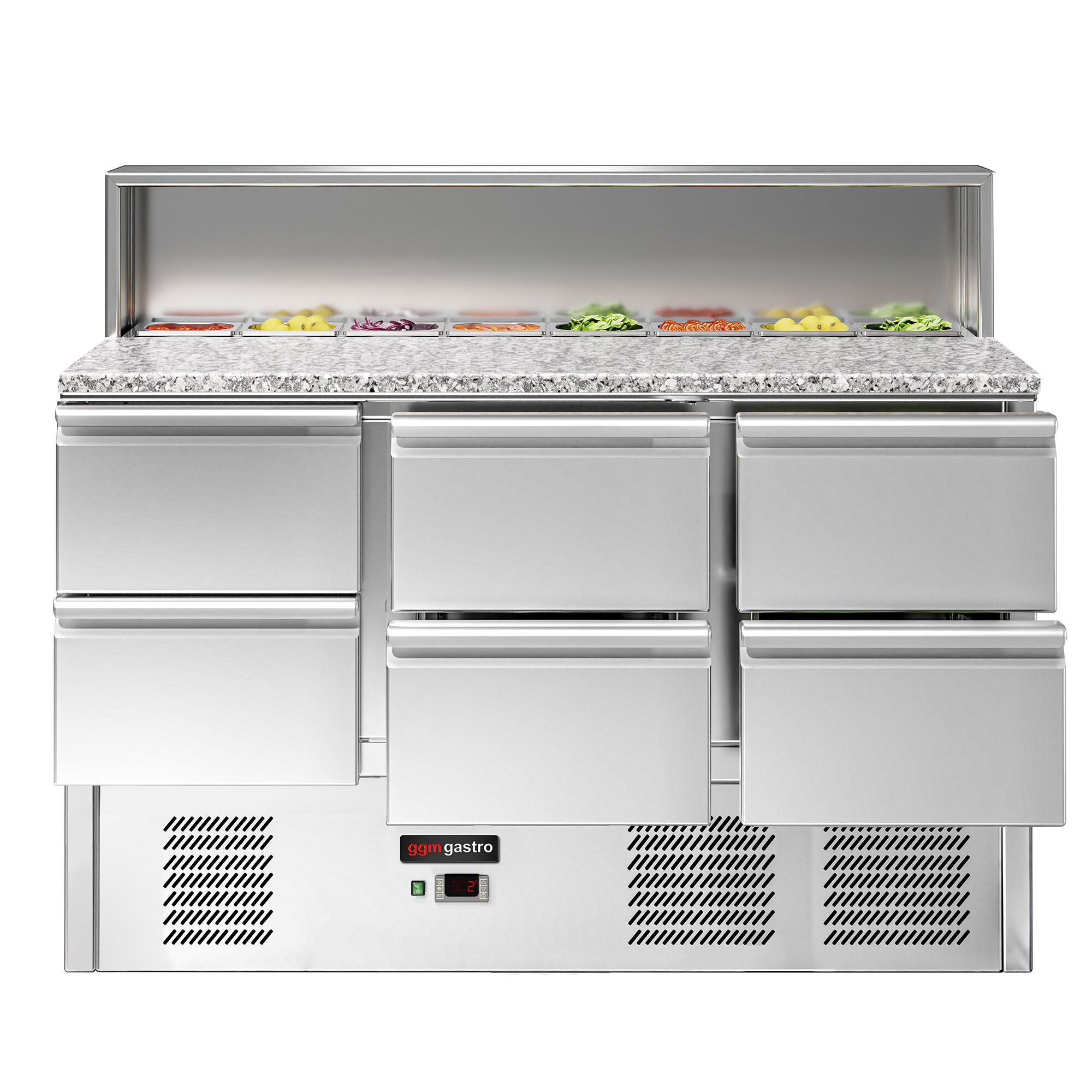Saladette réfrigérée ECO - 1368mm - 402L - 6 tiroirs - pour 8x GN 1/6 & Couvercle inox - plan de travail en granit noir