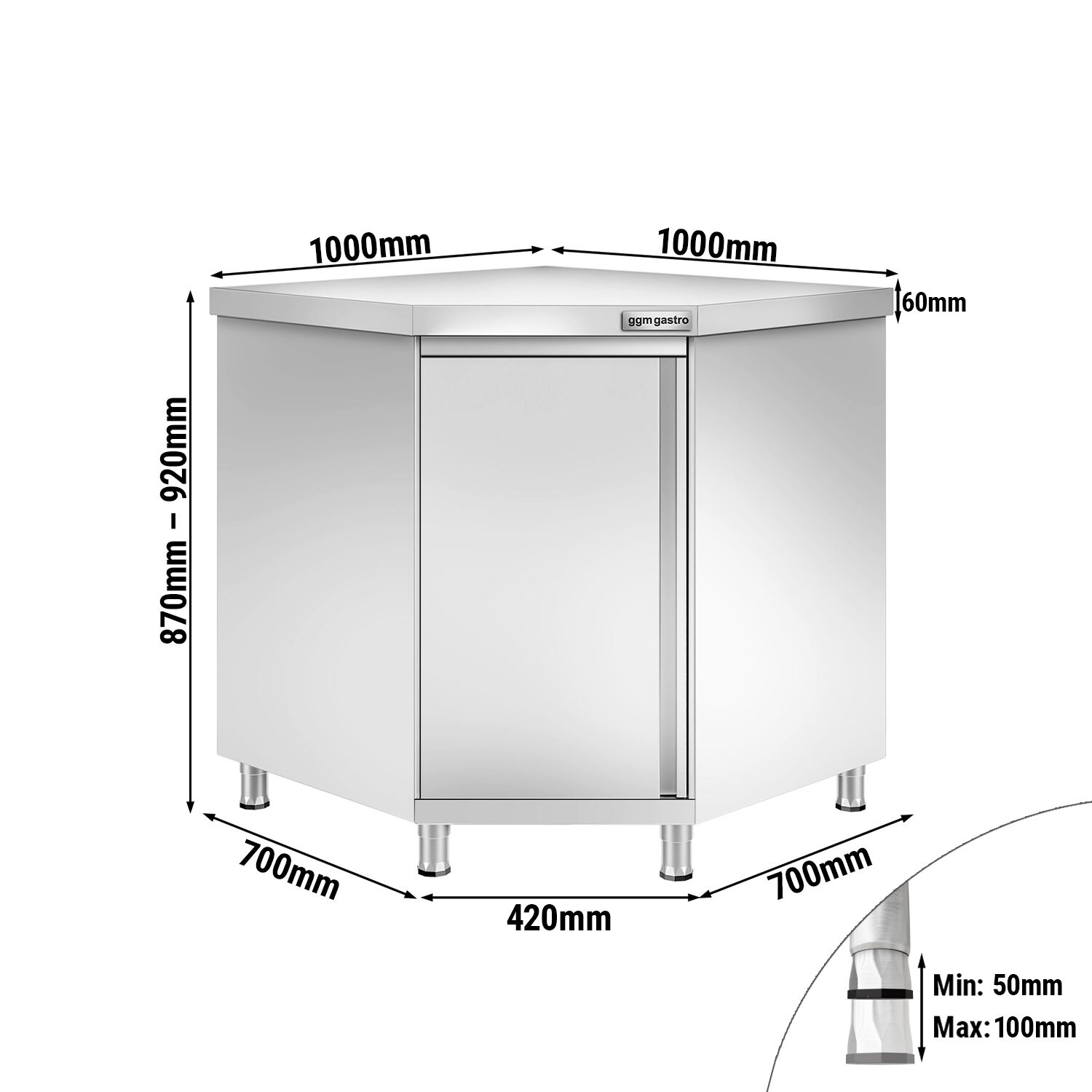 Table armoire d’angle en acier inoxydable PREMIUM - 1000x1000mm - avec portes battantes