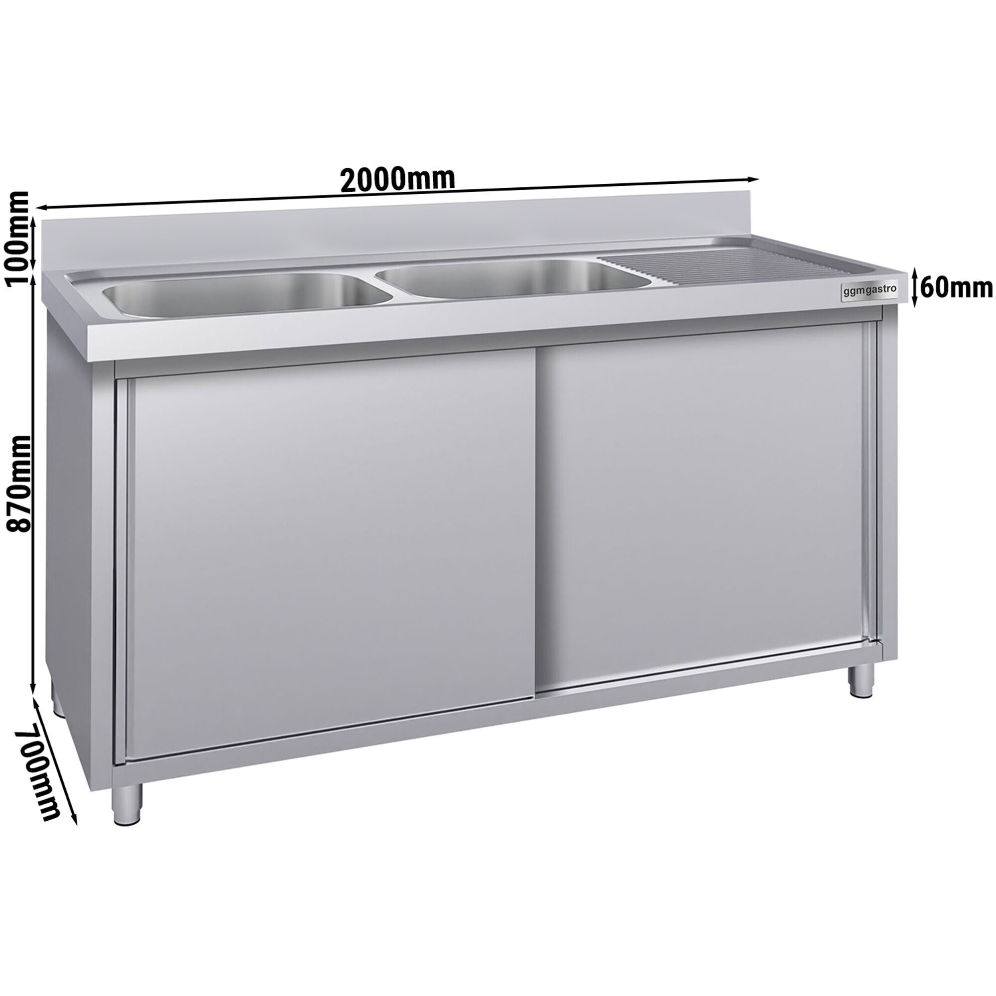 Meuble évier ECO - 2000 x 700 mm - avec 2 bacs à gauche