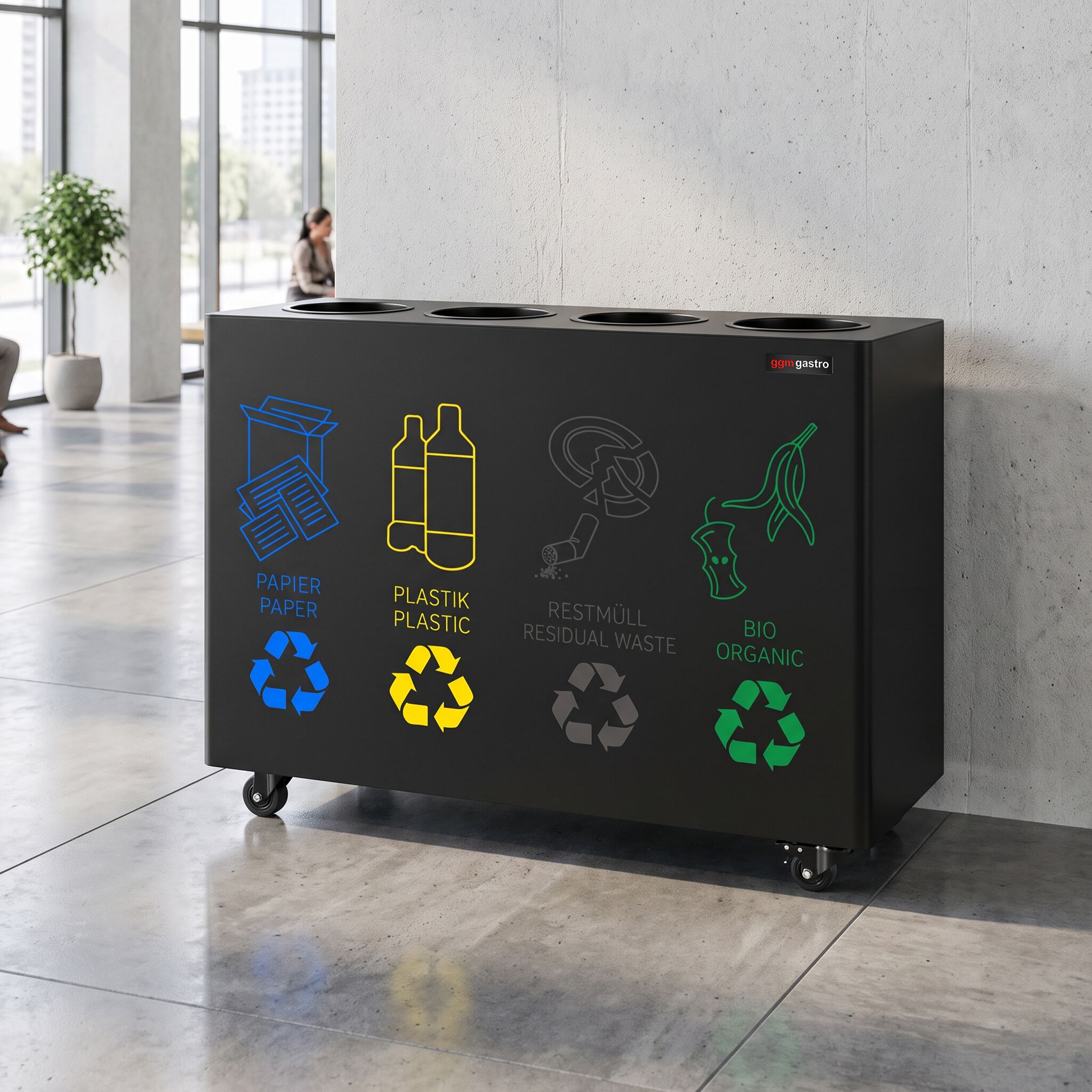 Waste sorting system – 4 bins, 30 litres each – Black – with 4 castors