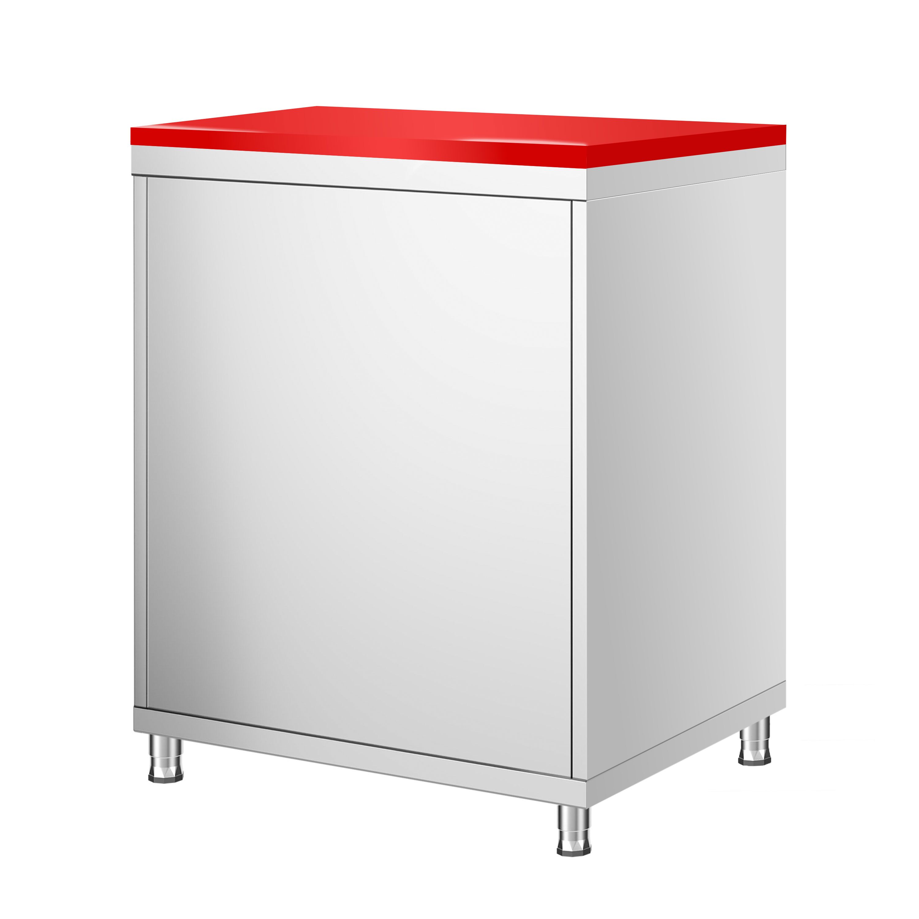 Table armoire en acier inoxydable PREMIUM - 600x600mm - avec portes battantes et étagère basse - pour viande crue - incl. plateau de découpe Rouge PEHD (HACCP)