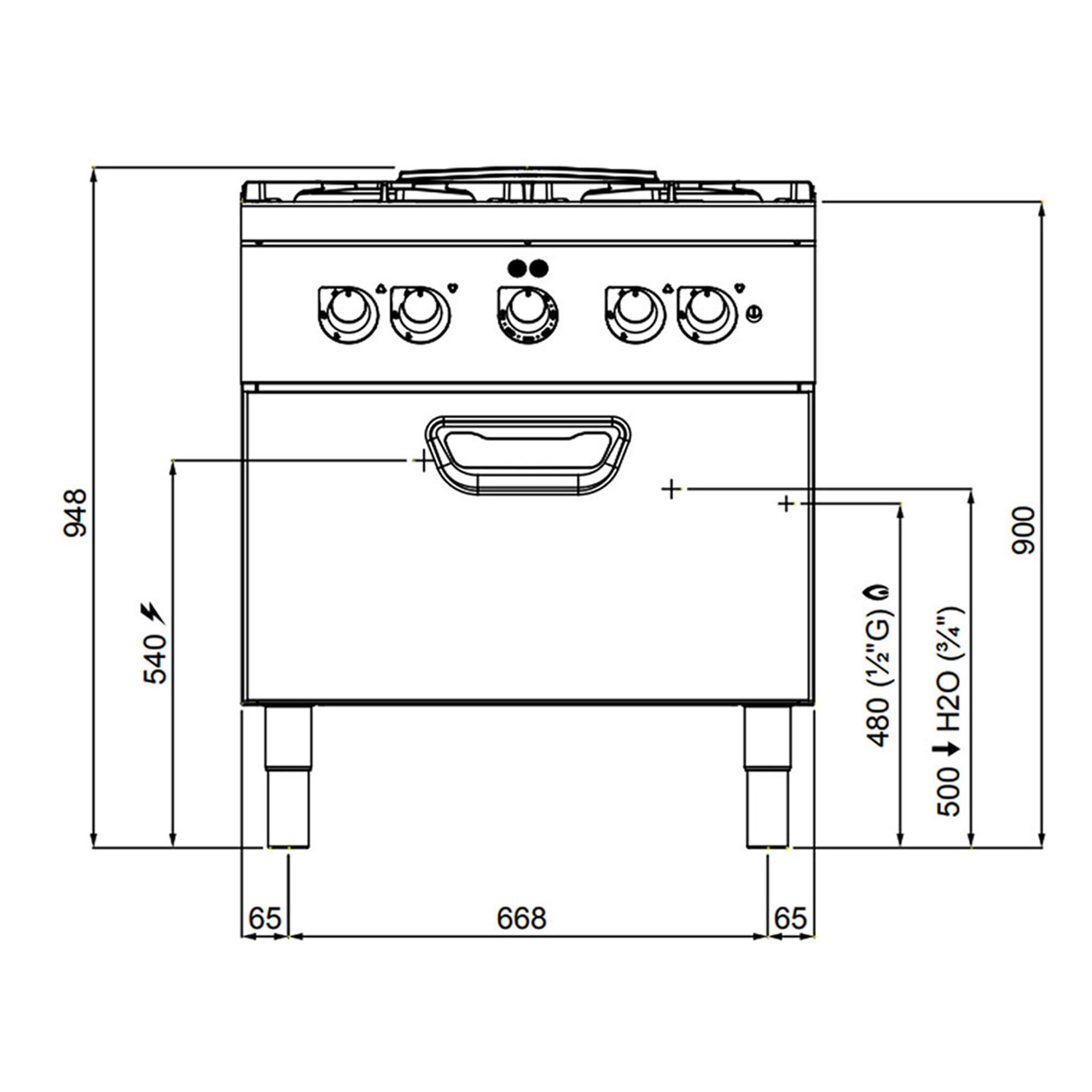 Fourneau à gaz – 24 kW – 4 brûleurs – avec four électrique à convection – 4,68 kW
