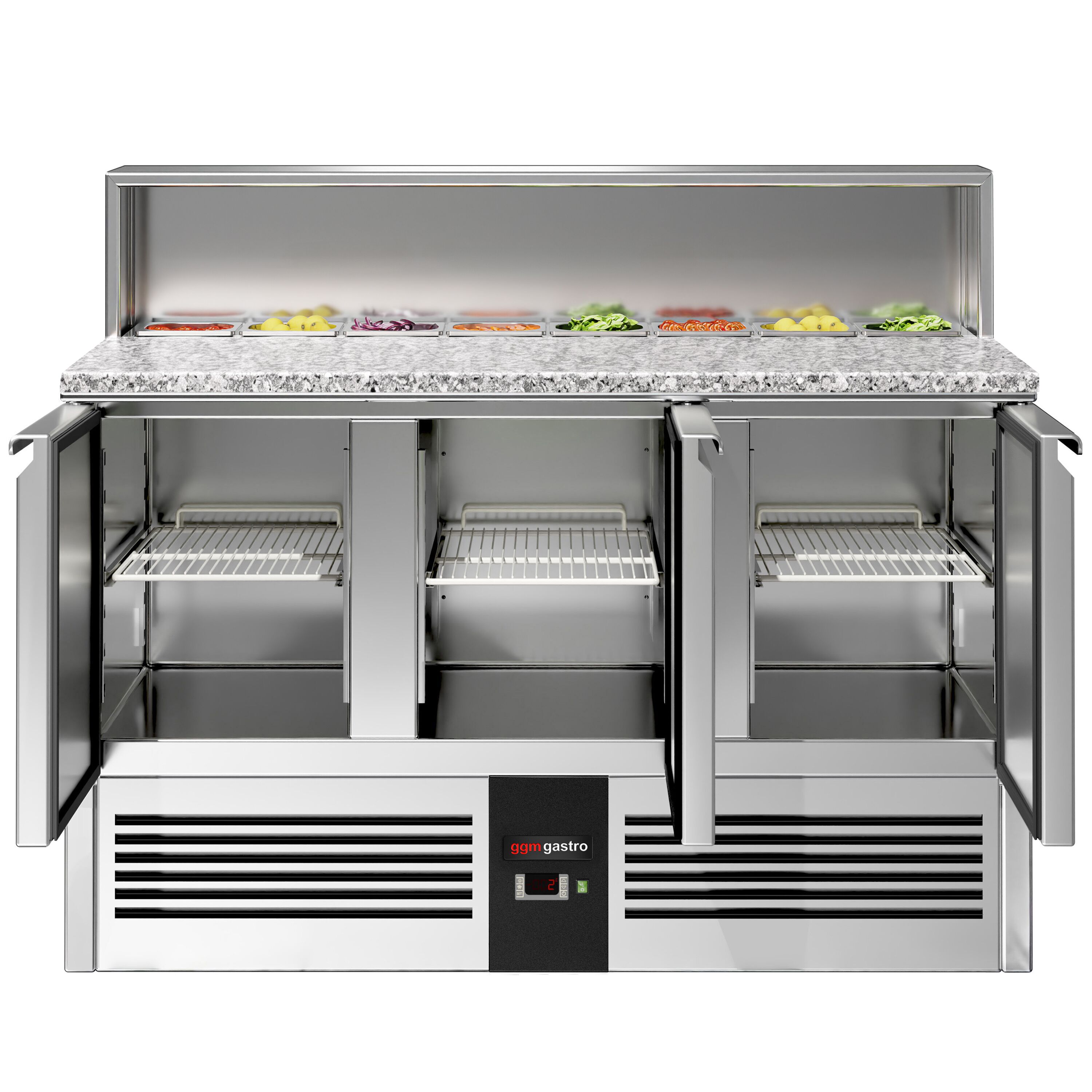 Saladette réfrigérée PREMIUM - 1368mm - 402L - 3 portes - ensemble inox (dessus GN) pour 8x GN 1/6 & Couvercle inox - plan de travail en granit noir