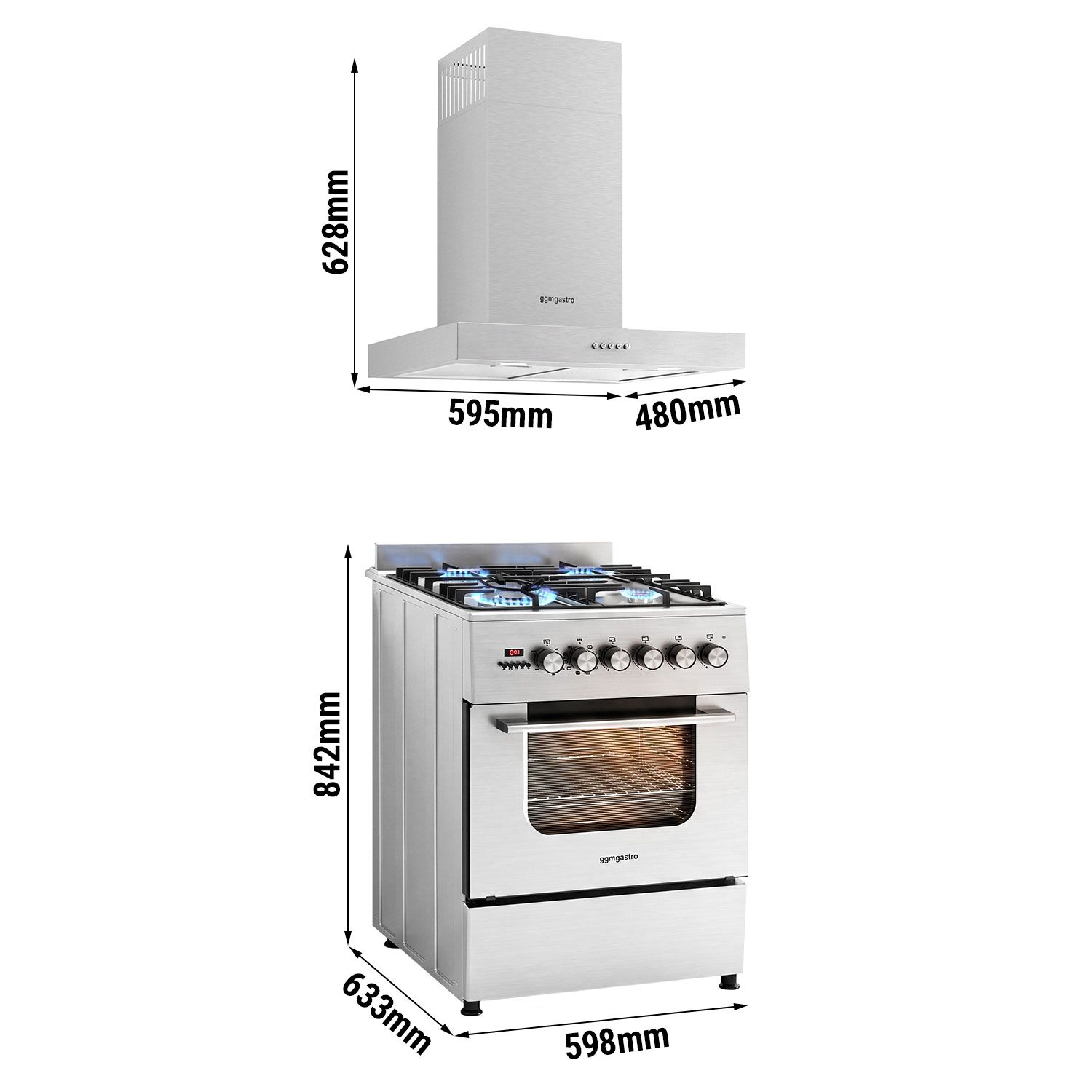 Fogão a gás - 8,4 kW - 4 bicos - com forno elétrico - 3,85 kW e exaustor com circulação de ar