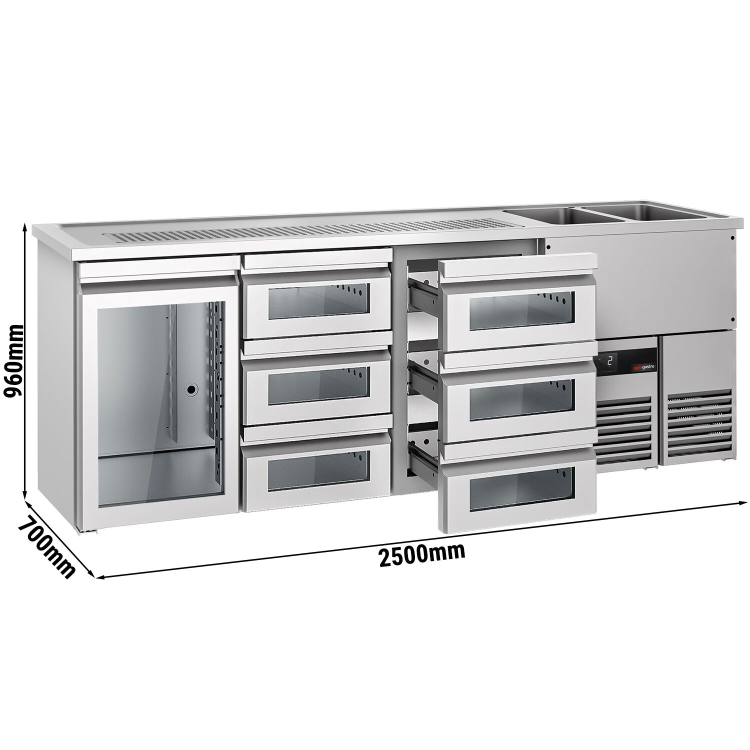 Comptoir de bar réfrigéré PREMIUM - 2500x700mm - 1 porte vitrée & 6 tiroirs en verre