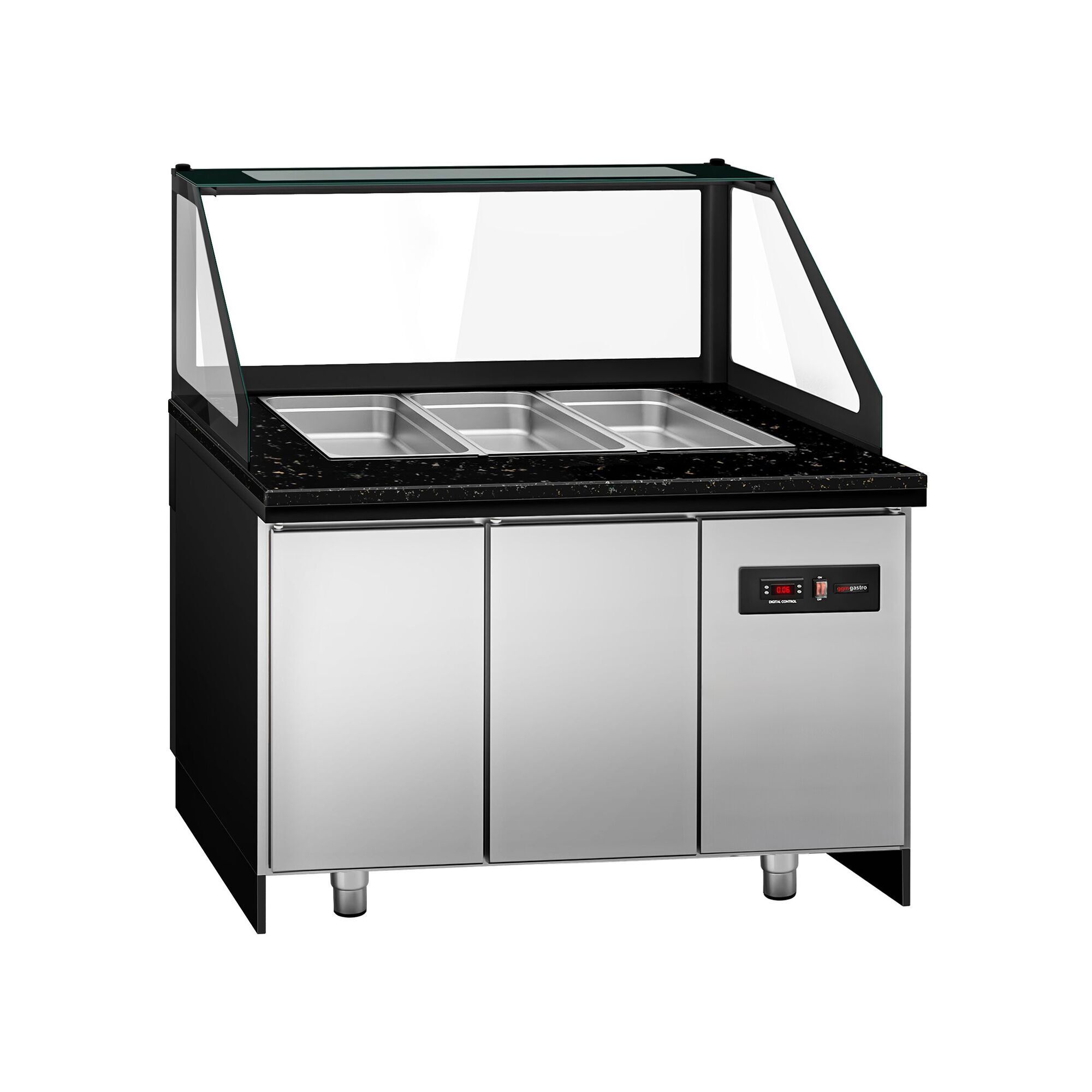 Saladette réfrigérée - 1250mm - façade décor bois naturel - 2 portes - avec vitrine de comptoir pour 3x GN 1/1 & 1 étagère - plan de travail en granit noir