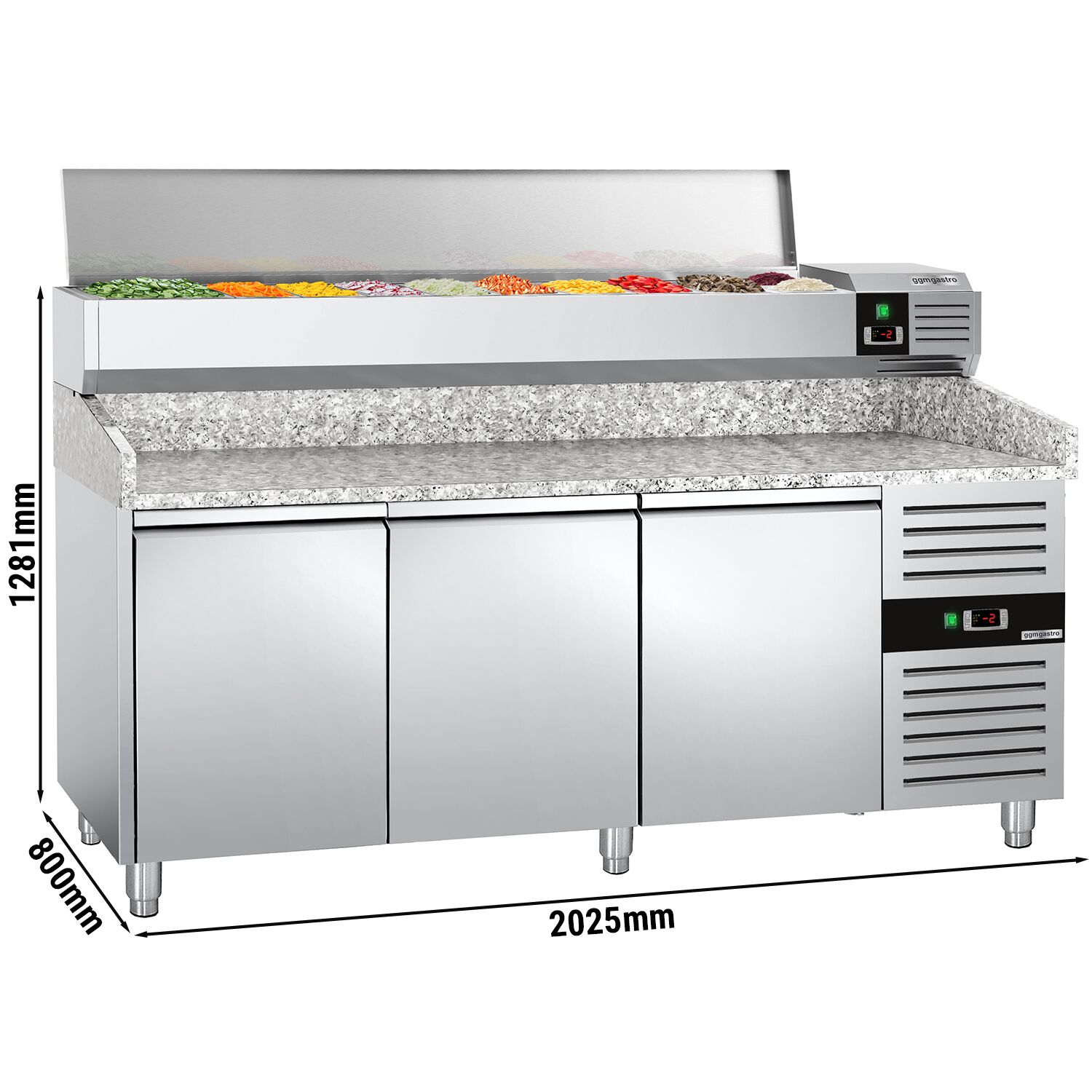 Table réfrigérée à pizza PREMIUM - 2000 x 800 mm - avec 3 portes - incl. vitrine réfrigérée - 10 x GN 1/4
