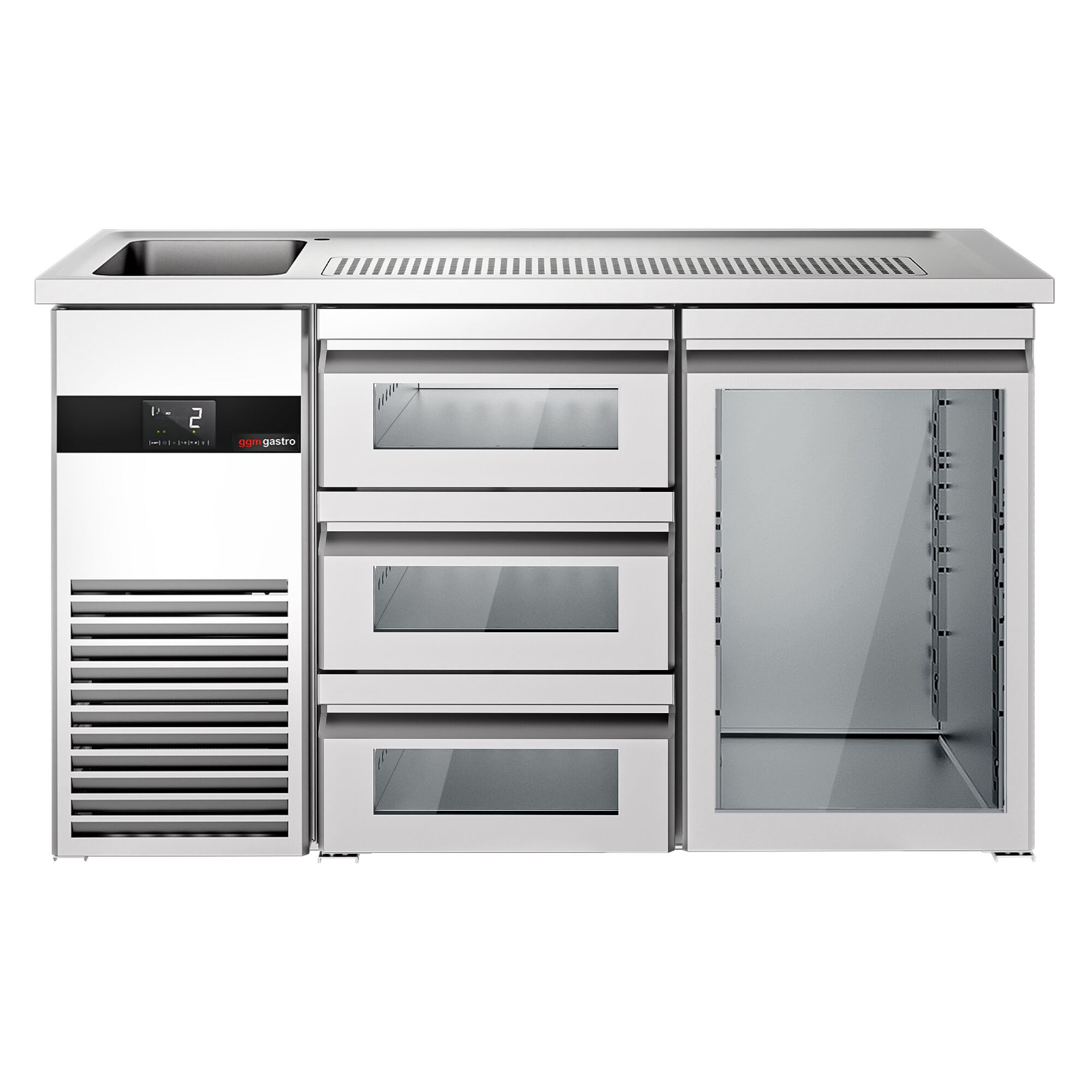Comptoir de bar réfrigéré PREMIUM - 1550x700mm - 1 porte vitrée & 3 tiroirs en verre