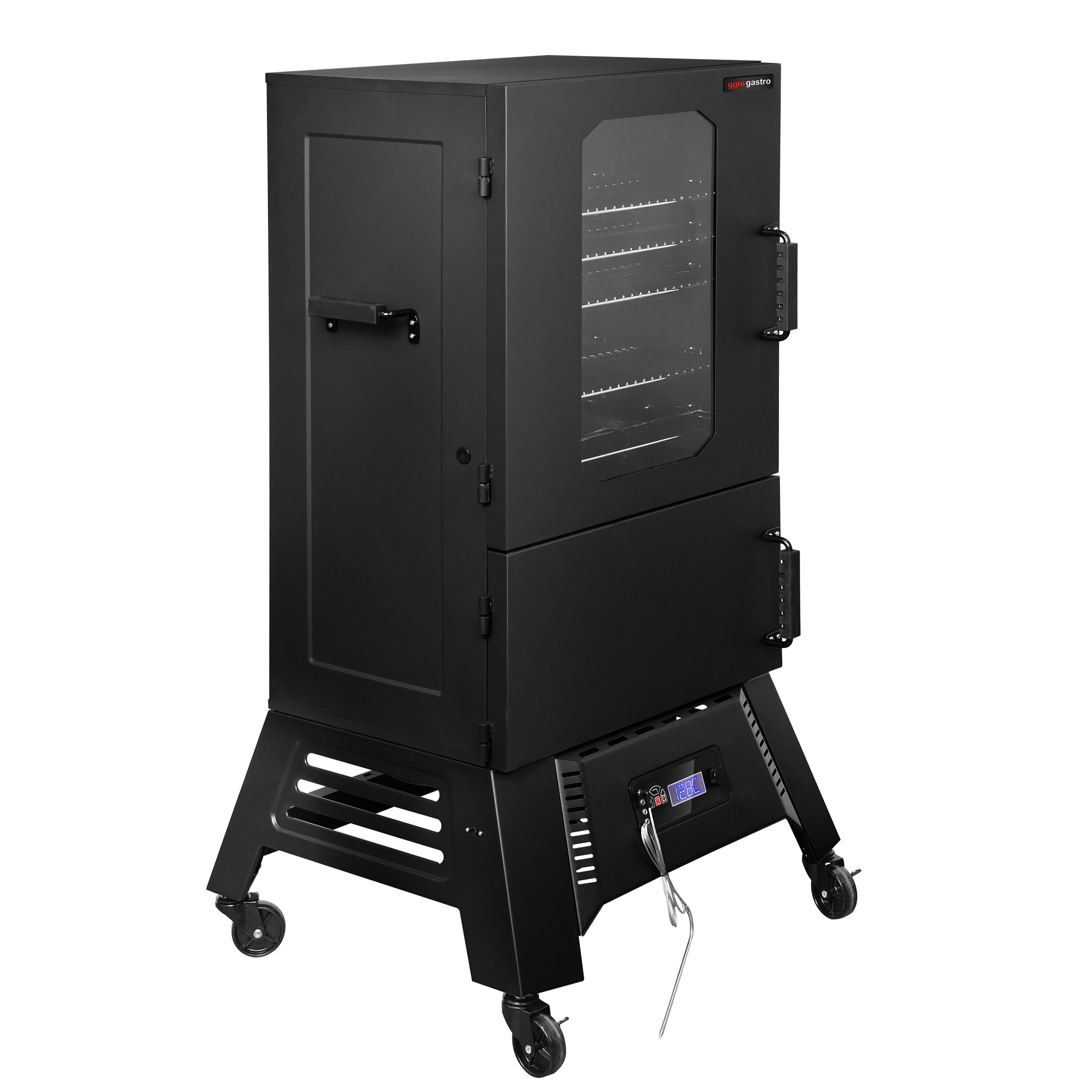 Fumoir électrique professionnel - Commande électronique - avec 4 étagères - 670x739mm - sur roulettes - Noir - fumage à chaud et à froid