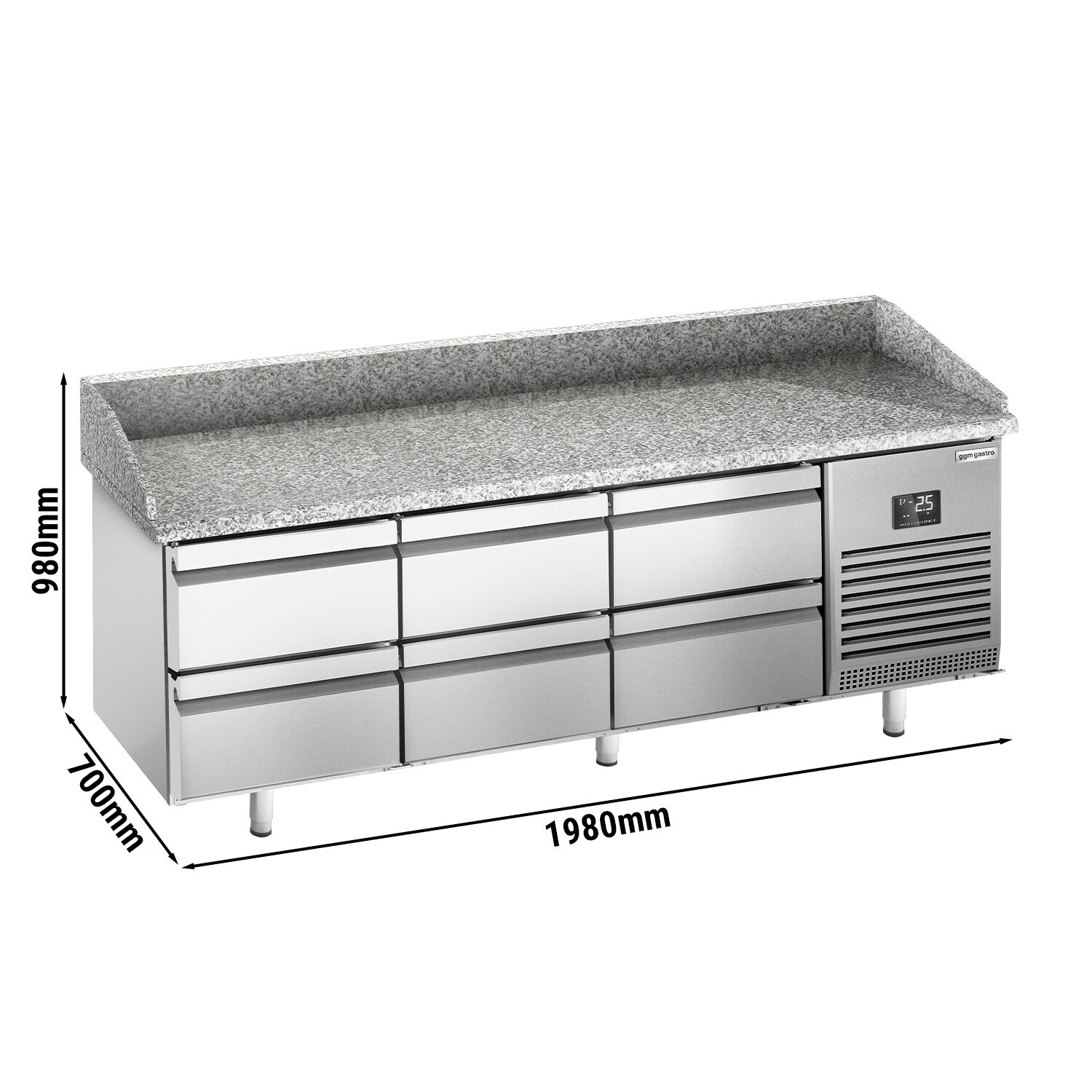 Commercial Pizza Prep Counter - Granite Top PREMIUM PLUS - 1980x700mm - with 0 doors & 6 dough drawers