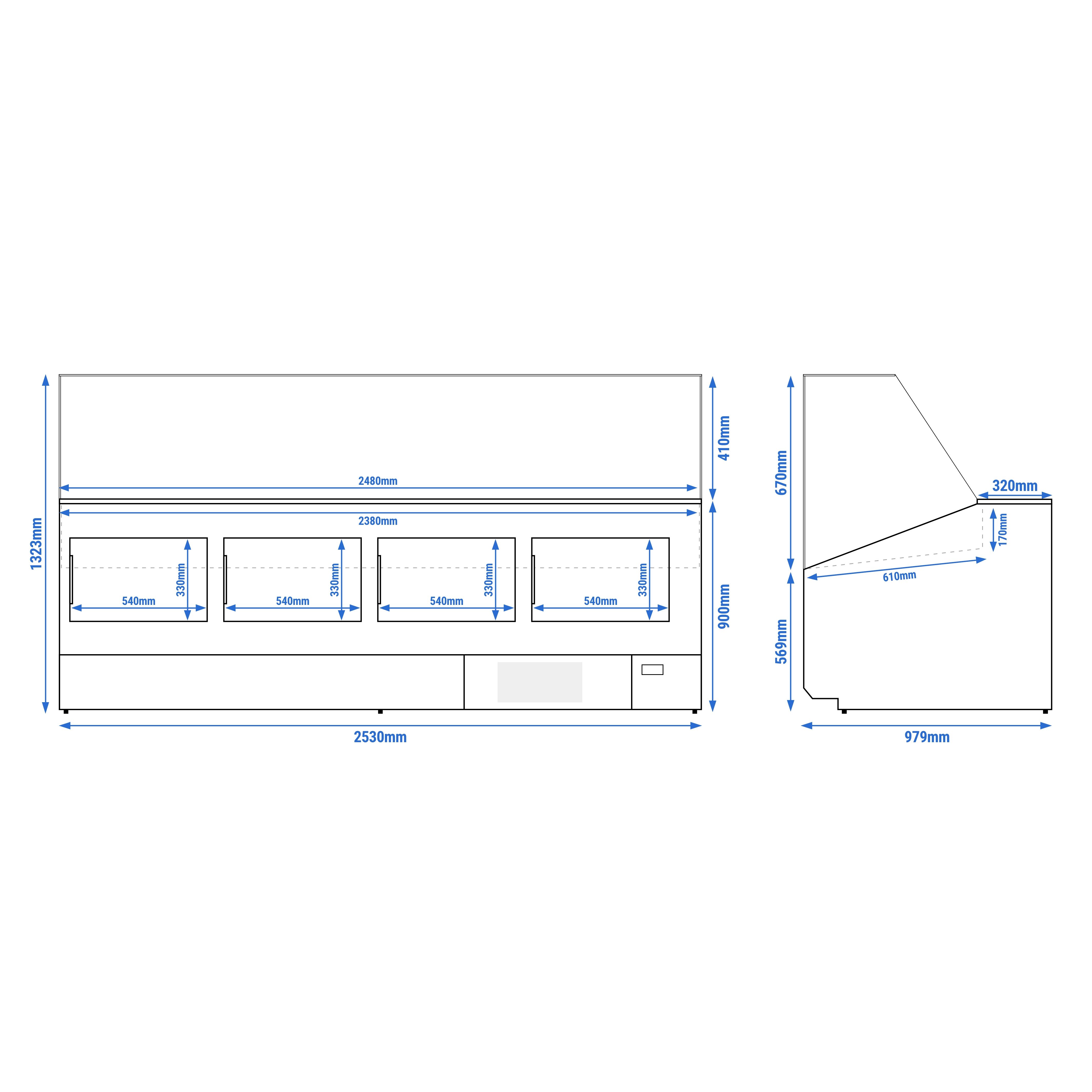 Comptoir vitrine réfrigérée - 2506x979mm - +2/+6°C - 512L - Façade blanche