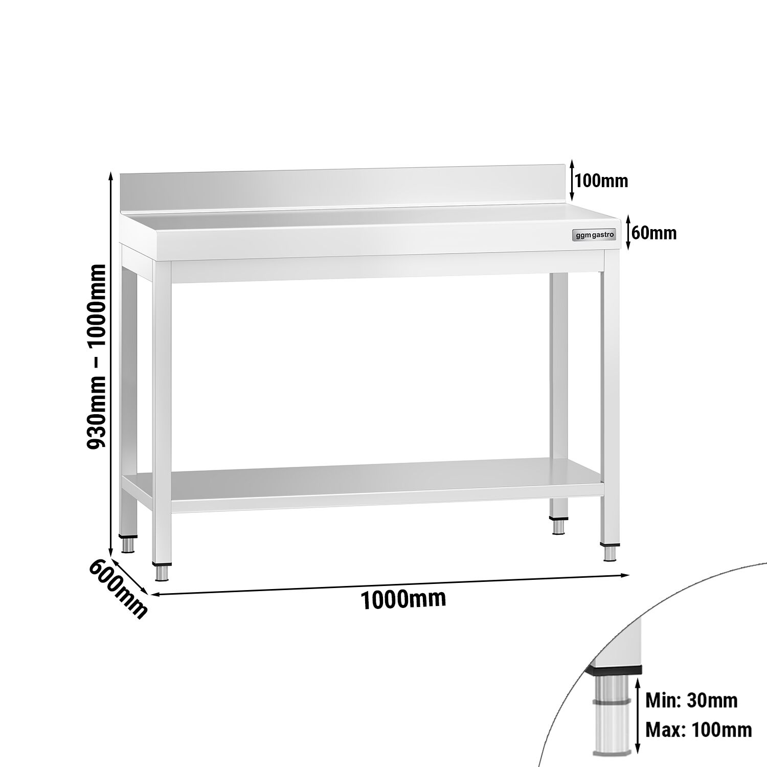 Table de travail inox PREMIUM - 1000 x 600 mm - avec tablette inférieure & Dosseret