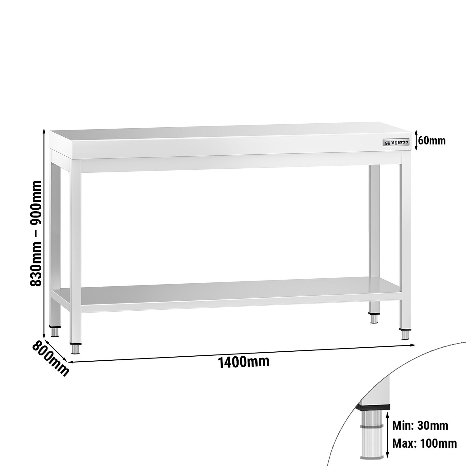 Table de travail inox PREMIUM - 1400 x 800 mm - avec tablette inférieure