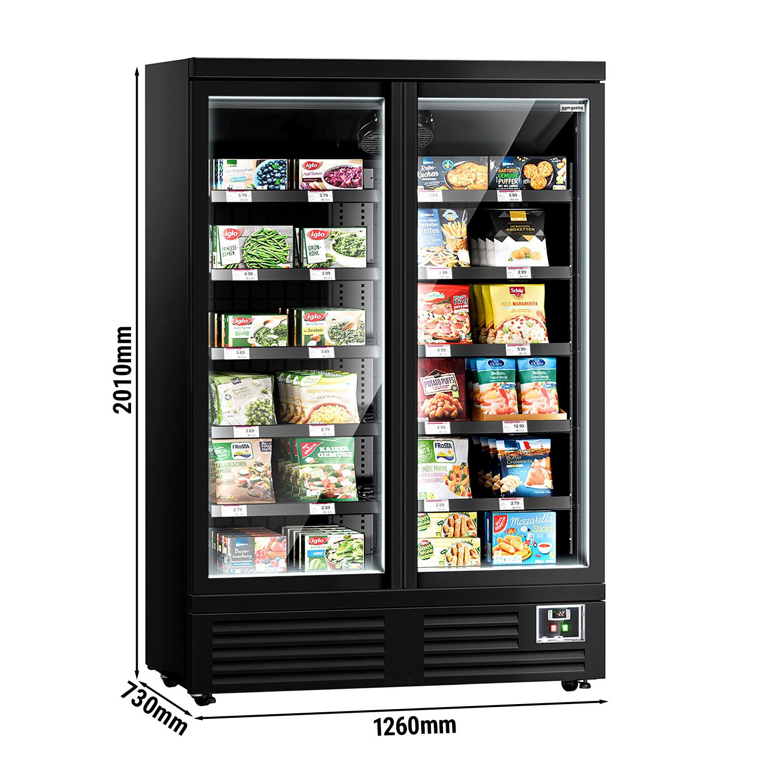 Vitrine murale de congélation - 1310 mm - 991 litres - avec 2 portes battantes à double vitrage & 5 étagères