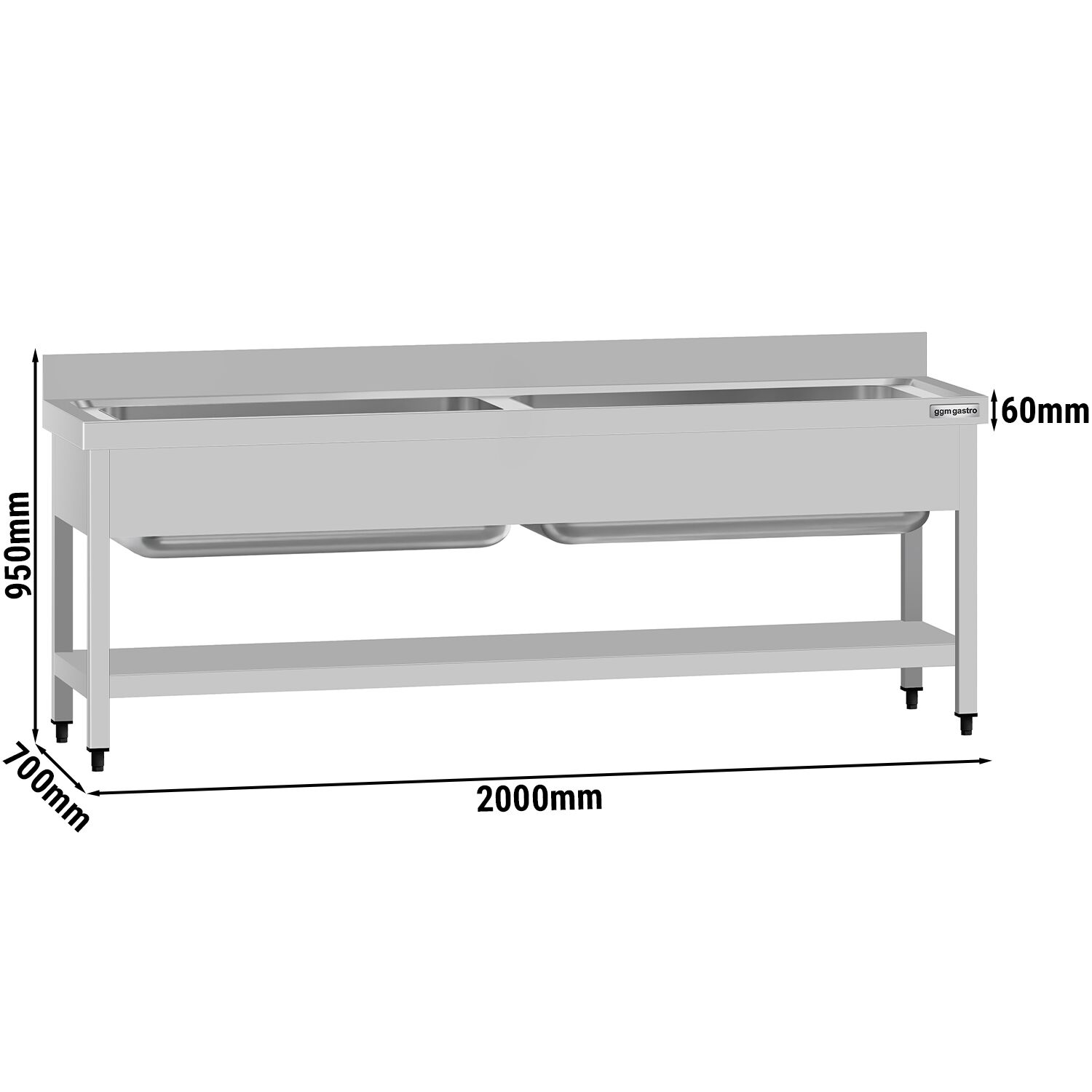 Plonge à marmites en inox ECO - 2000x700mm - avec étagère basse & 2 bacs