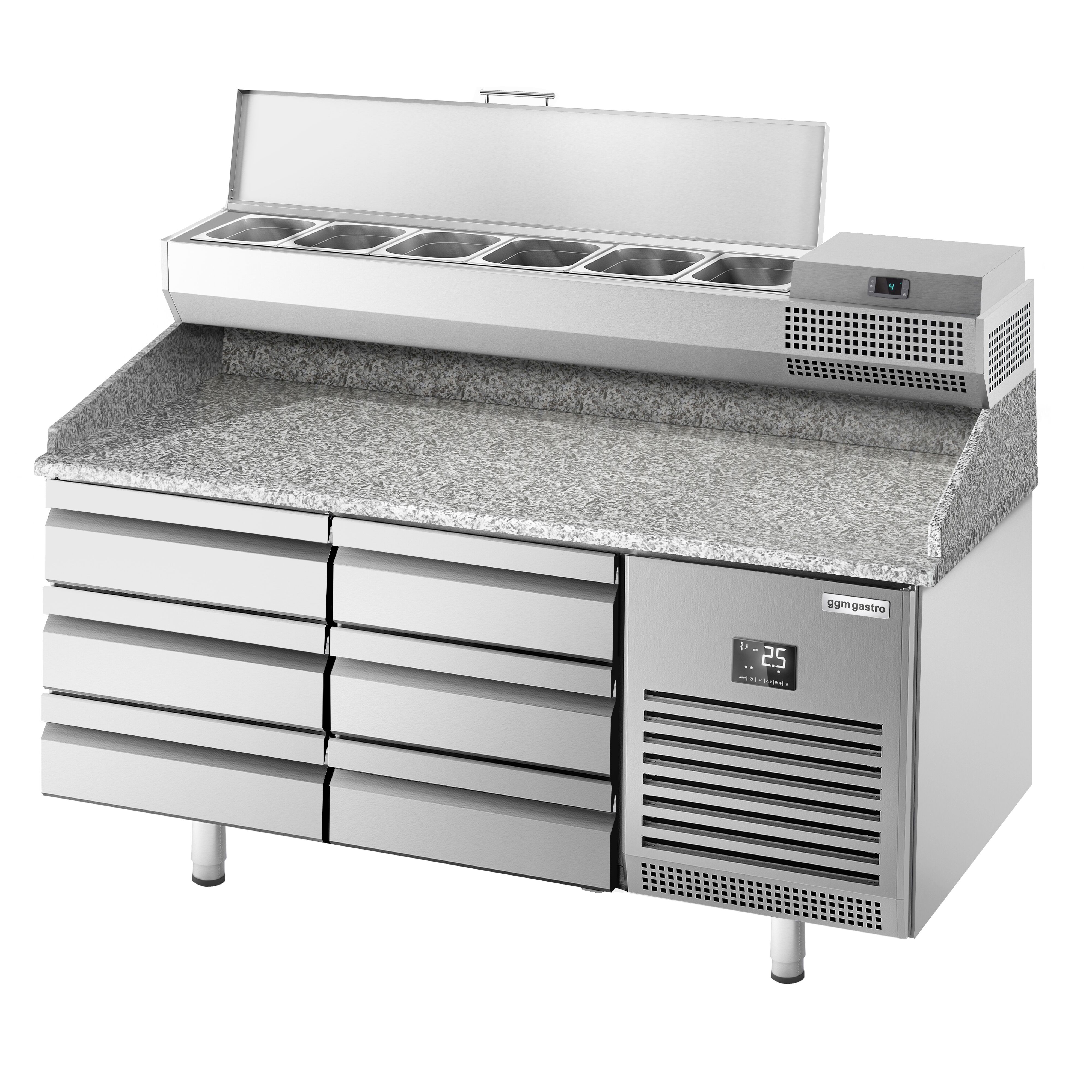 Table réfrigérée à pizza Premium PLUS - 1490x700 mm - avec 6 tiroirs - incl. vitrine réfrigérée - 6x GN 1/4