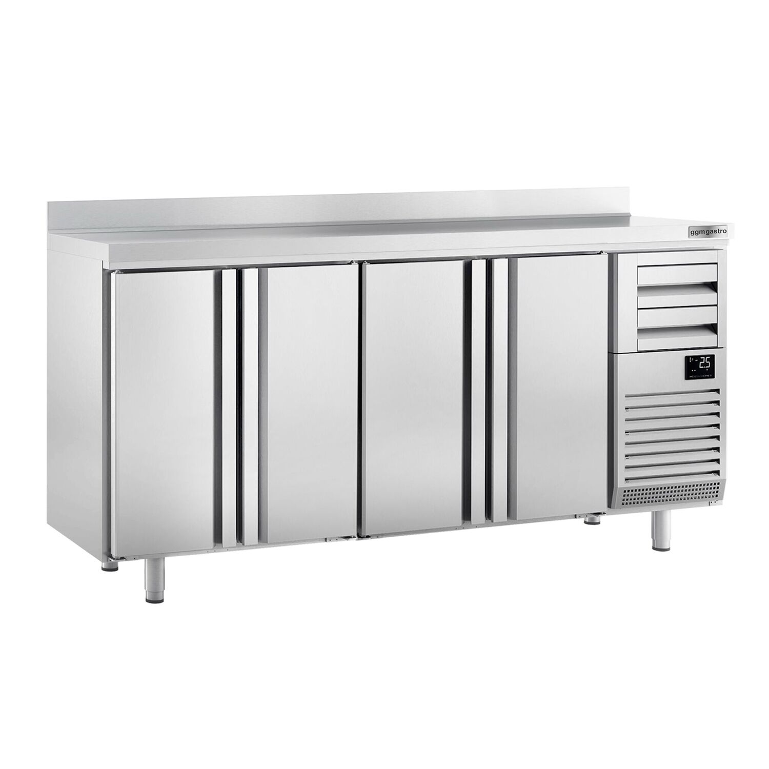 Arrière-bar réfrigéré professionnel  Premium PLUS - 2450 x 600 mm - avec 4 portes, 2 tiroirs et dosseret