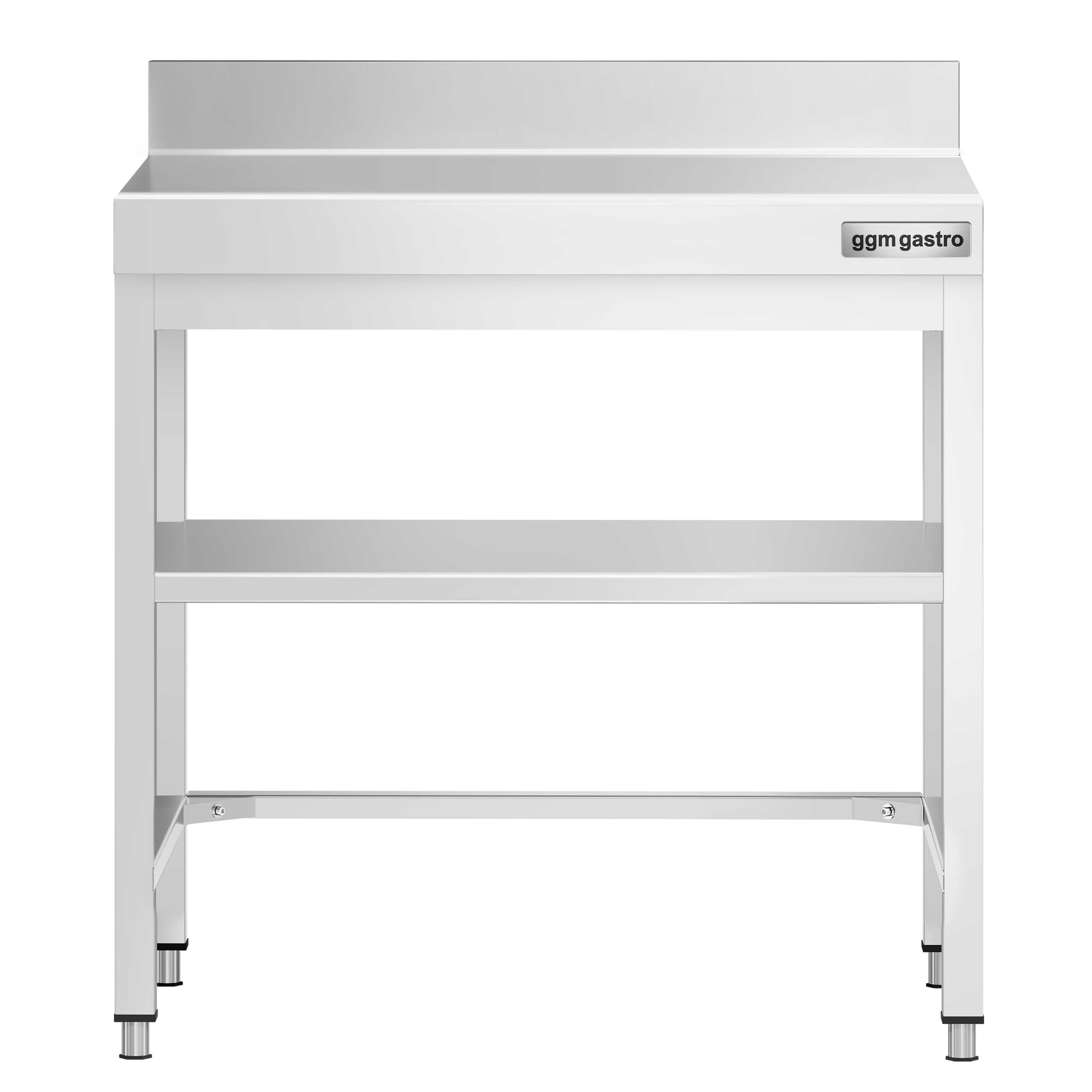 Table de travail en inox PREMIUM – 600x600 mm – avec tablette inférieure, dosseret et renforts
