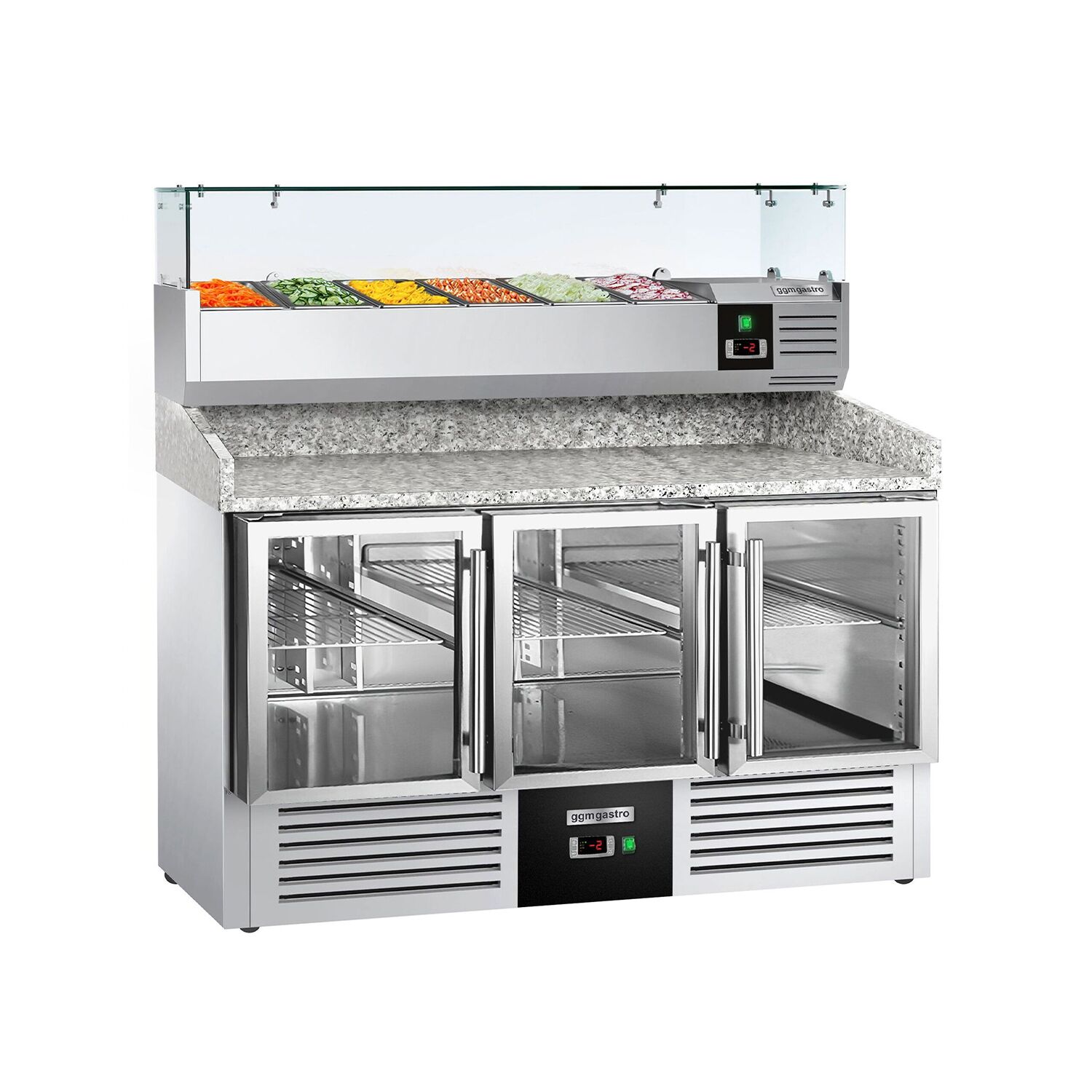 Table réfrigérée à pizza PREMIUM - 1400x700 mm - 3 portes vitrées - incl. vitrine réfrigérée - 6x GN 1/4