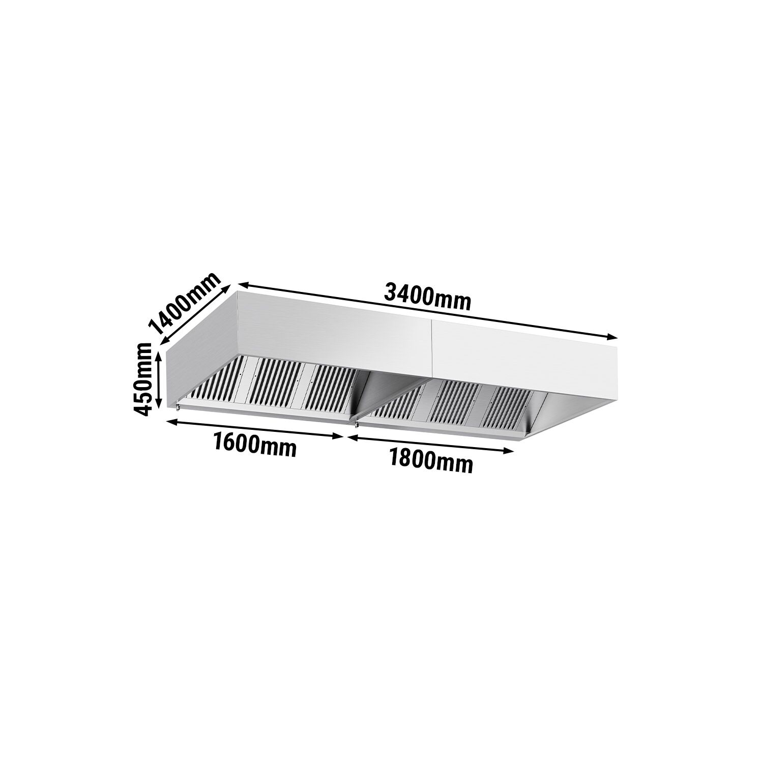 Hotte à adosser professionnelle - 3400mm - sans moteur - avec filtres et éclairage