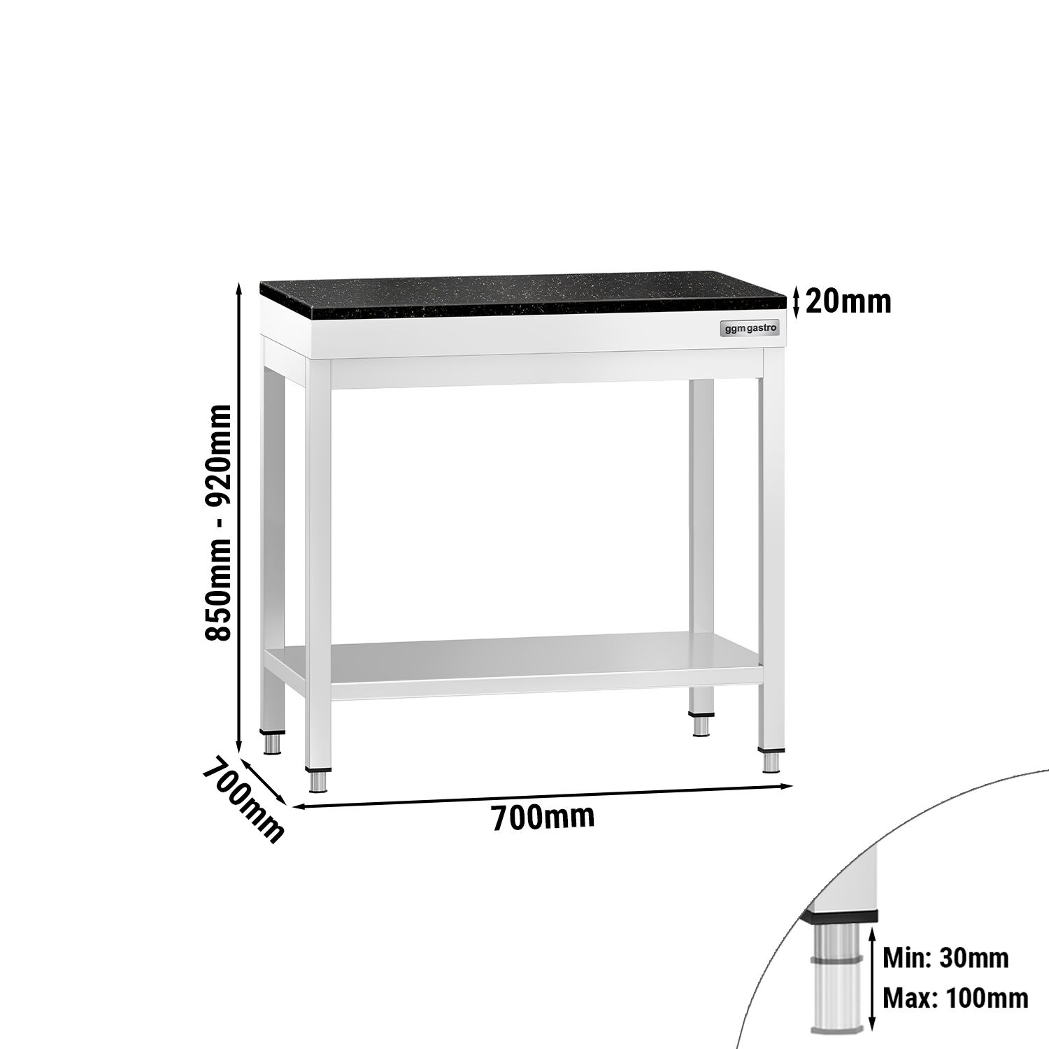 Table de travail inox PREMIUM - 700 x 700 mm - avec tablette inférieure - incl. Plan de travail en Granit