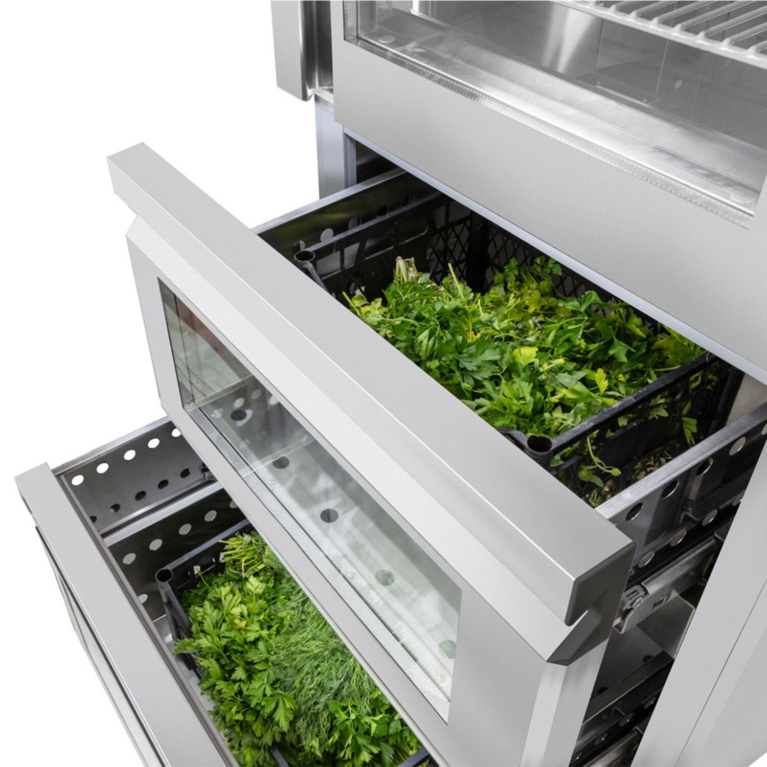 Armoire réfrigérée vitrée positive Inox AISI 304 PREMIUM - GN 2/1 - 700 L - avec 1 porte vitrée & 2 tiroirs & Glissières GN & 2 grilles GN 2/1