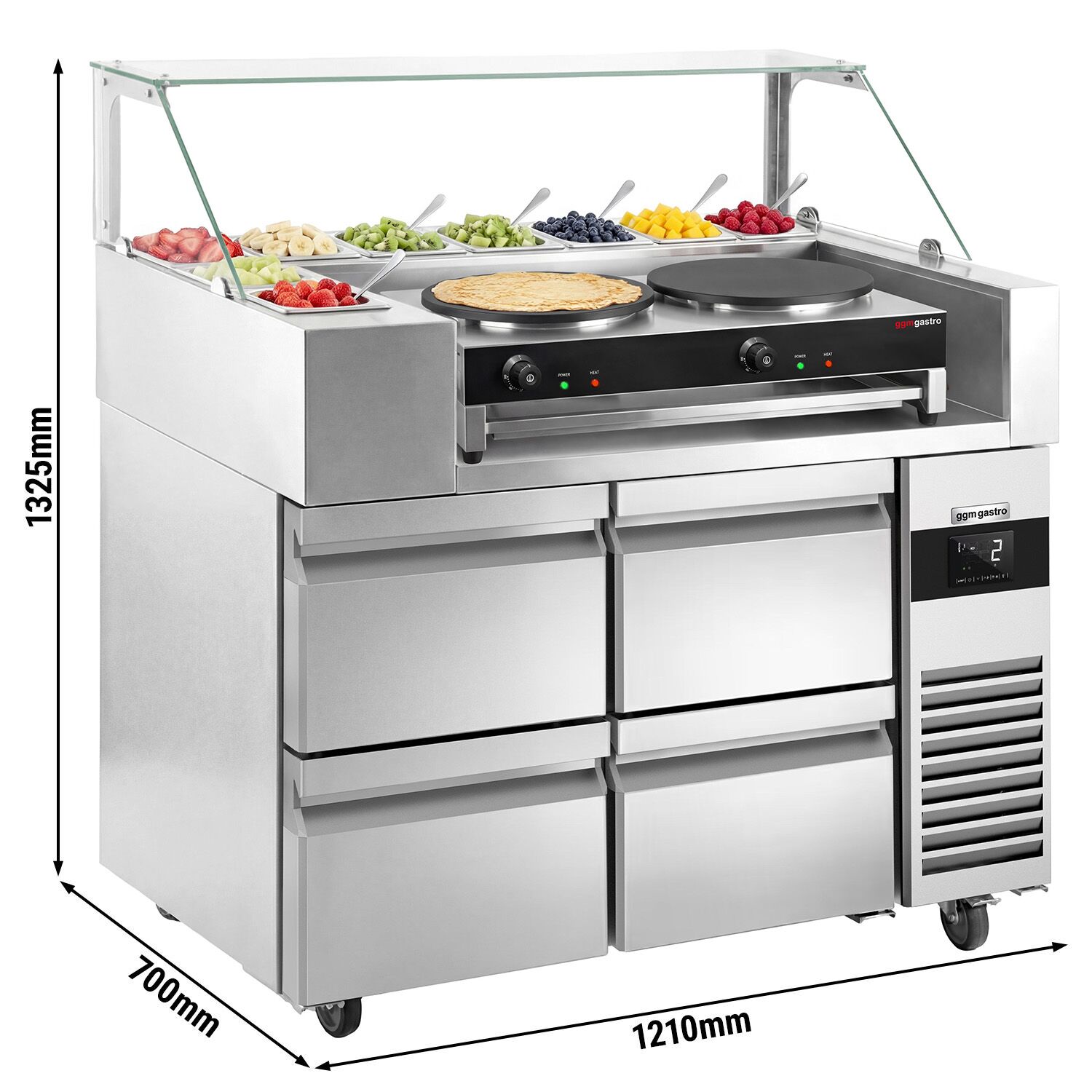 Table de préparation – 1210 mm – 4 tiroirs – pour 9 bacs GN 1/6 – incl. appareil à crêpes avec 2 plaques