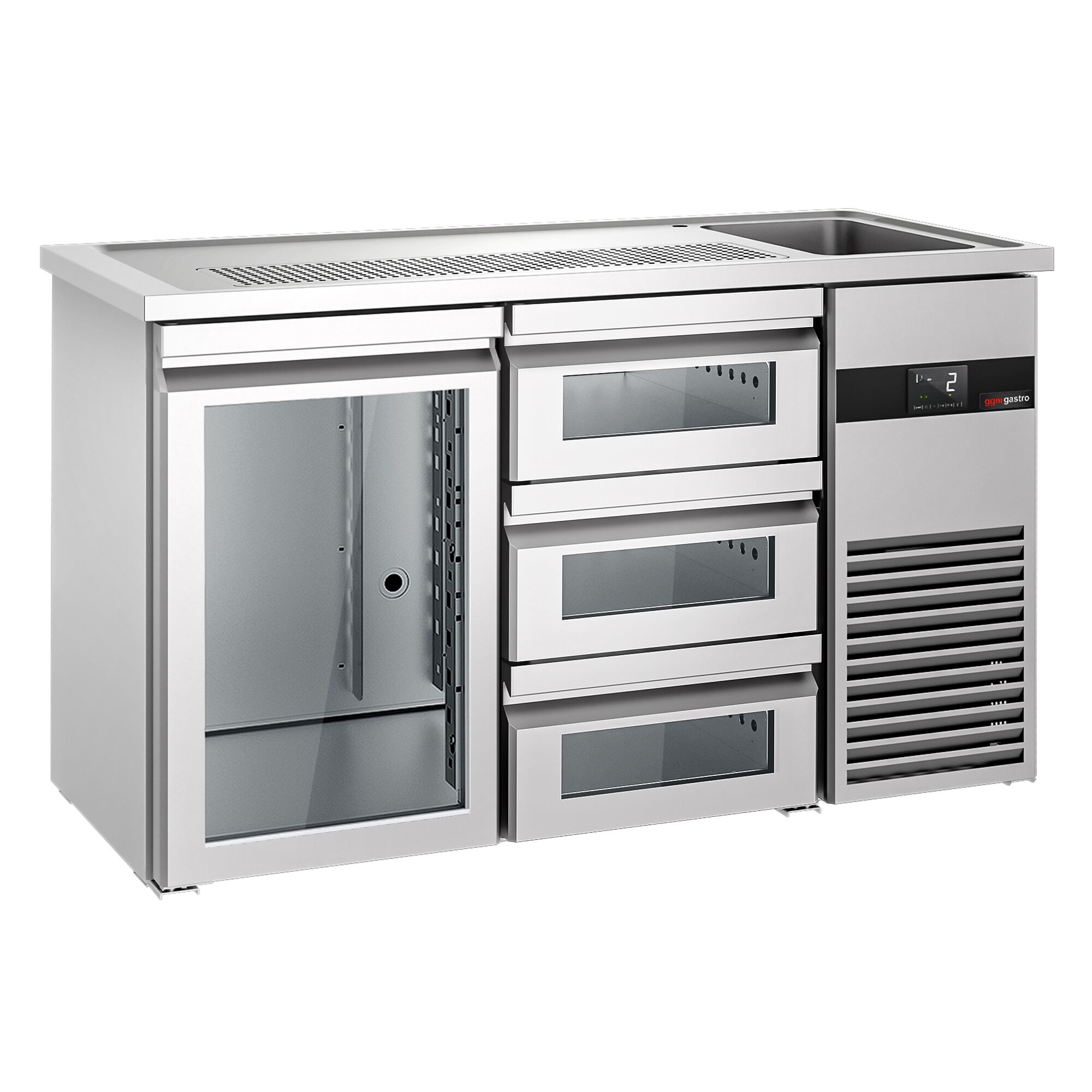 Comptoir de bar réfrigéré PREMIUM - 1550x700mm - 1 porte vitrée & 3 tiroirs en verre