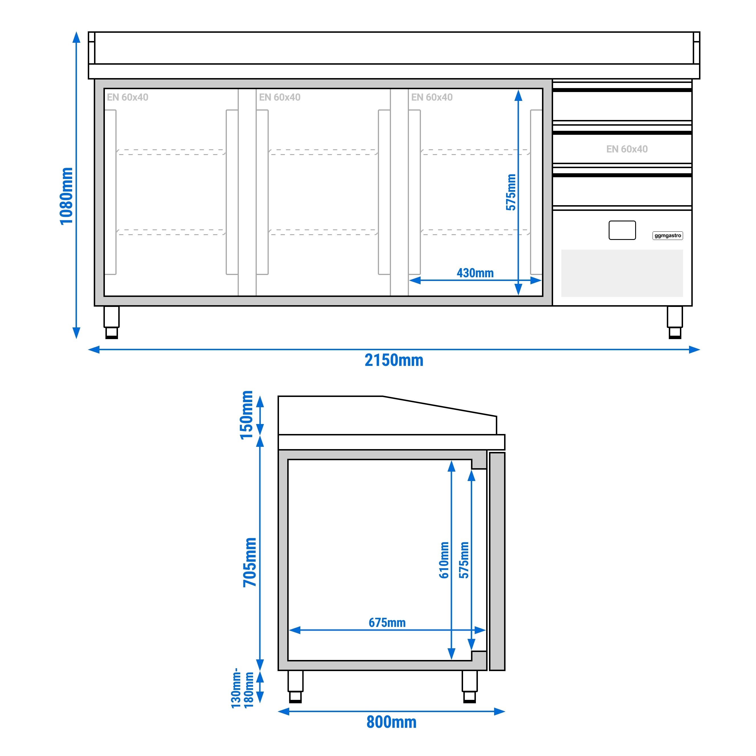 Table réfrigérée pour pizza PREMIUM - 2150 x 800 mm - avec 3 portes & 3 tiroirs
