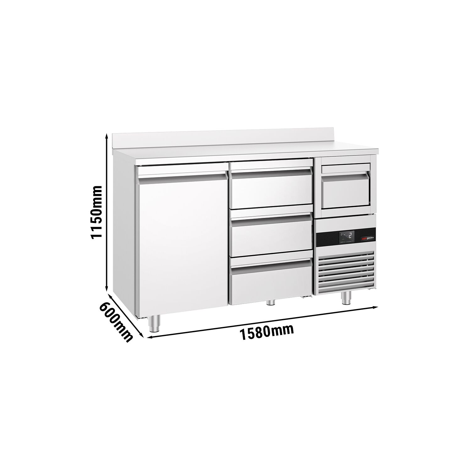 Arrière-bar réfrigéré professionnel  PREMIUM - 1580 x 600 mm - avec 1 porte et 3 tiroirs - avec dosseret - avec tiroir à marc de café