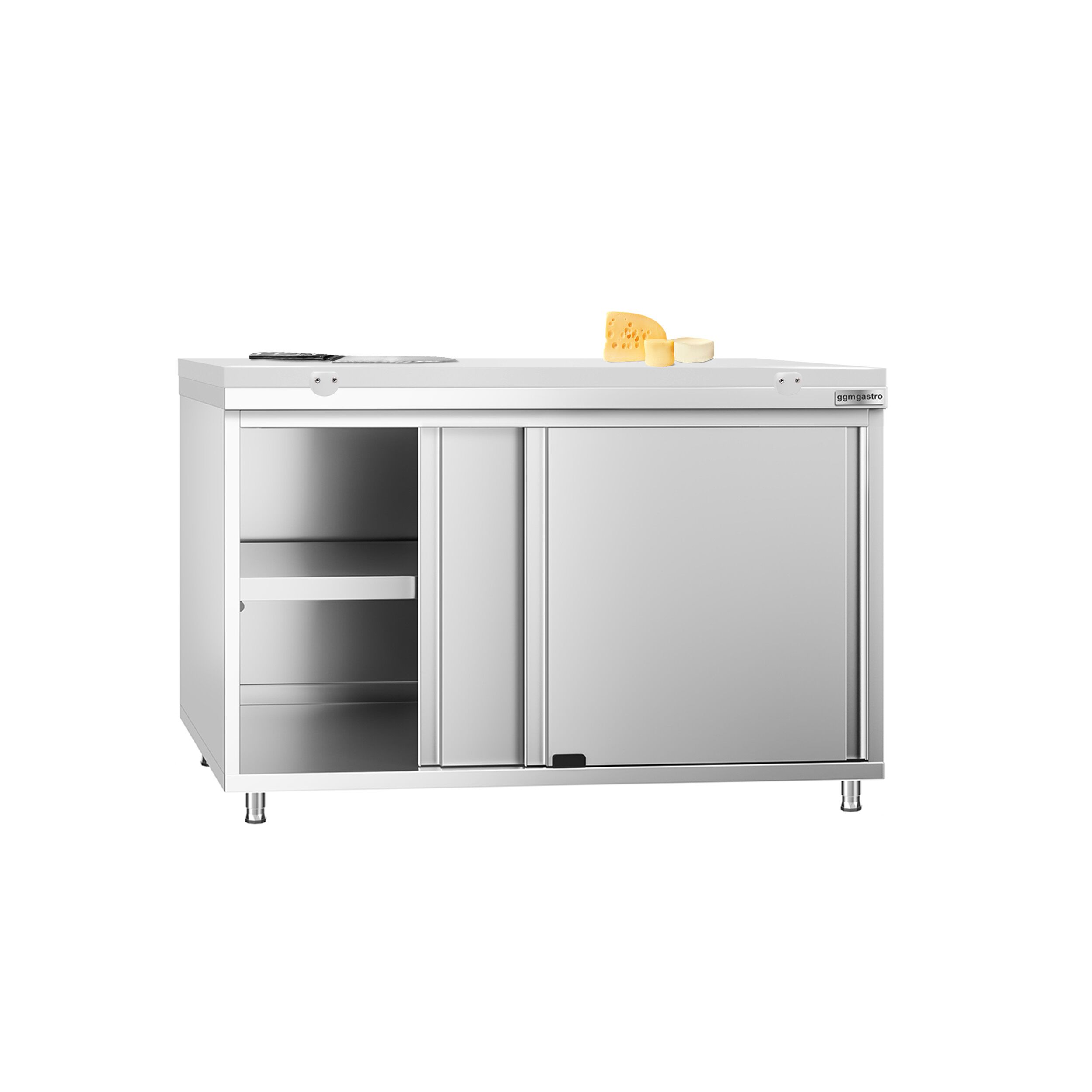 Table armoire en acier inoxydable PREMIUM - 1200x600mm - avec portes coulissantes et étagère basse - pour produits céréaliers, produits laitiers - incl. plateau de découpe Blanc PEHD (HACCP)