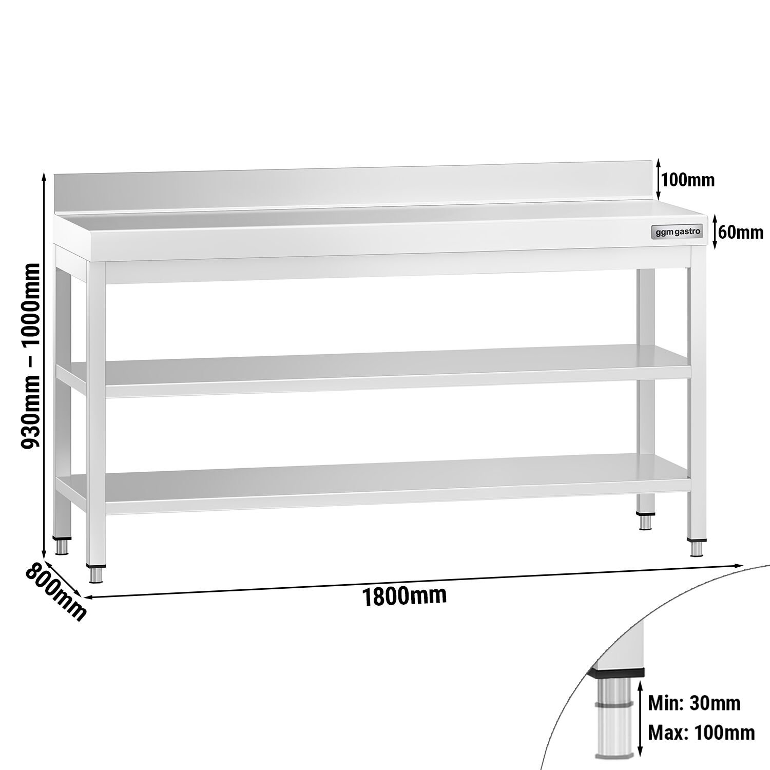 Table de travail inox PREMIUM - 1800 x 800 mm - avec tablette inférieure, Dosseret & Tablette intermédiaire