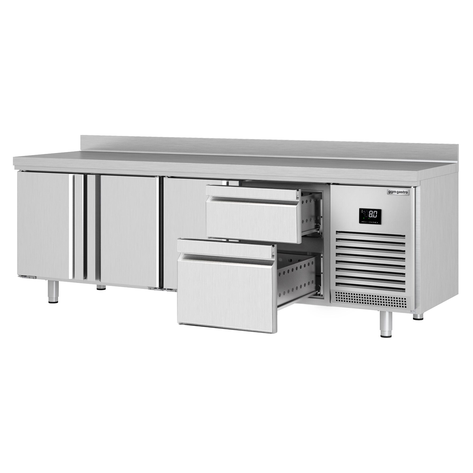 Table réfrigérée Premium PLUS - 2452x700 mm - avec 3 portes - 2 tiroirs - avec dosseret