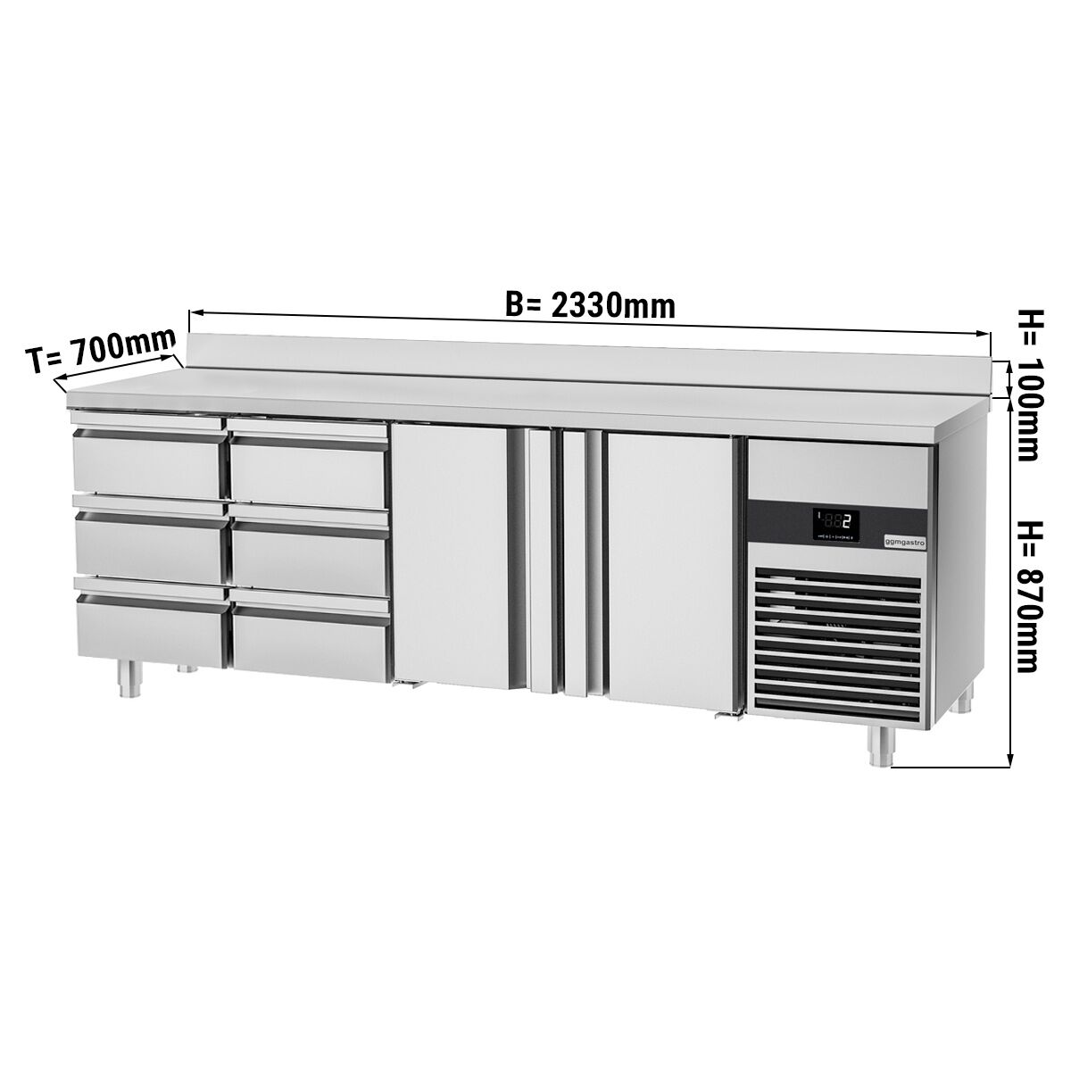 PREMIUM hűtőasztal - 2,3 x 0,7 m - 2 ajtóval és 6 fiókkal 1/3