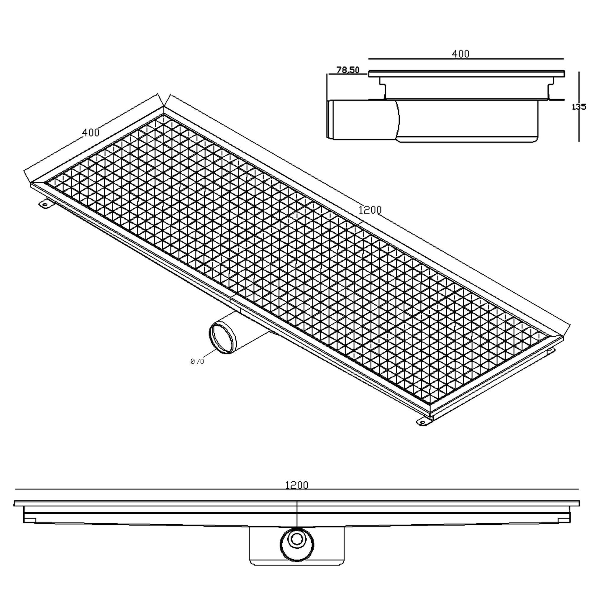 Caniveau de sol en acier inoxydable - 1200x400mm - sortie horizontale Ø70mm