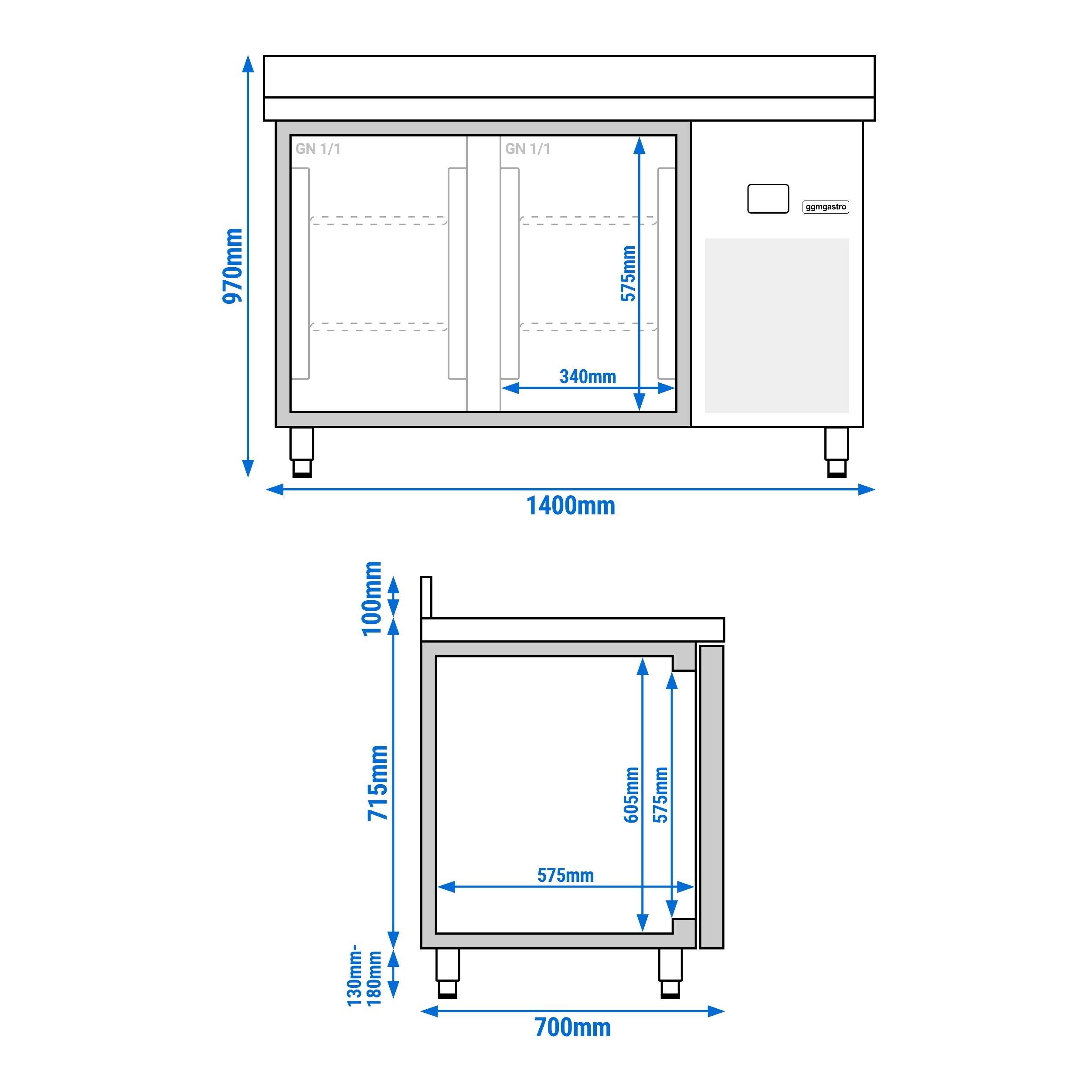 Table réfrigérée PREMIUM - 1400x700 mm - avec 2 portes vitrées - avec dosseret