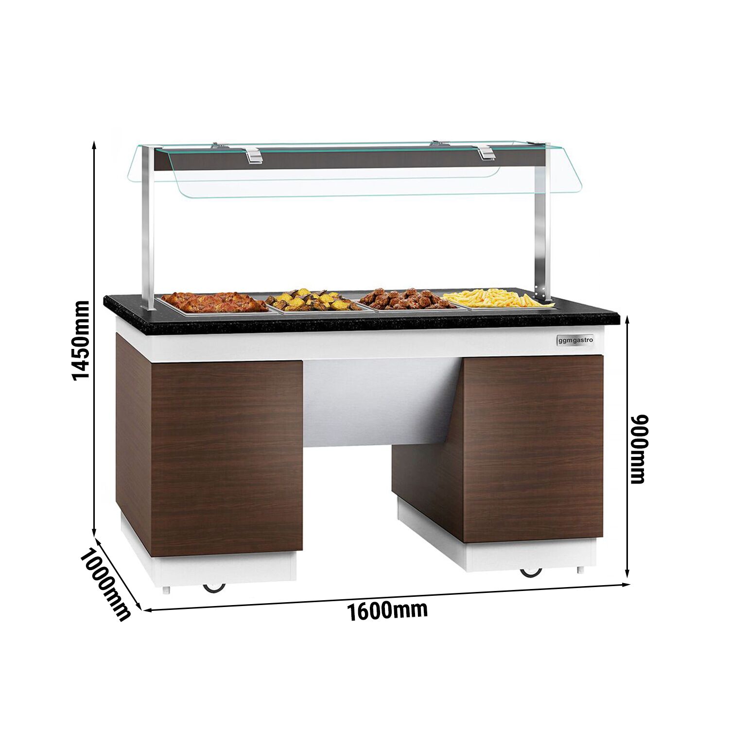 Buffet chaud DUBLIN - 1600mm - avec bain-marie - sur roulettes - pour 4x GN 1/1