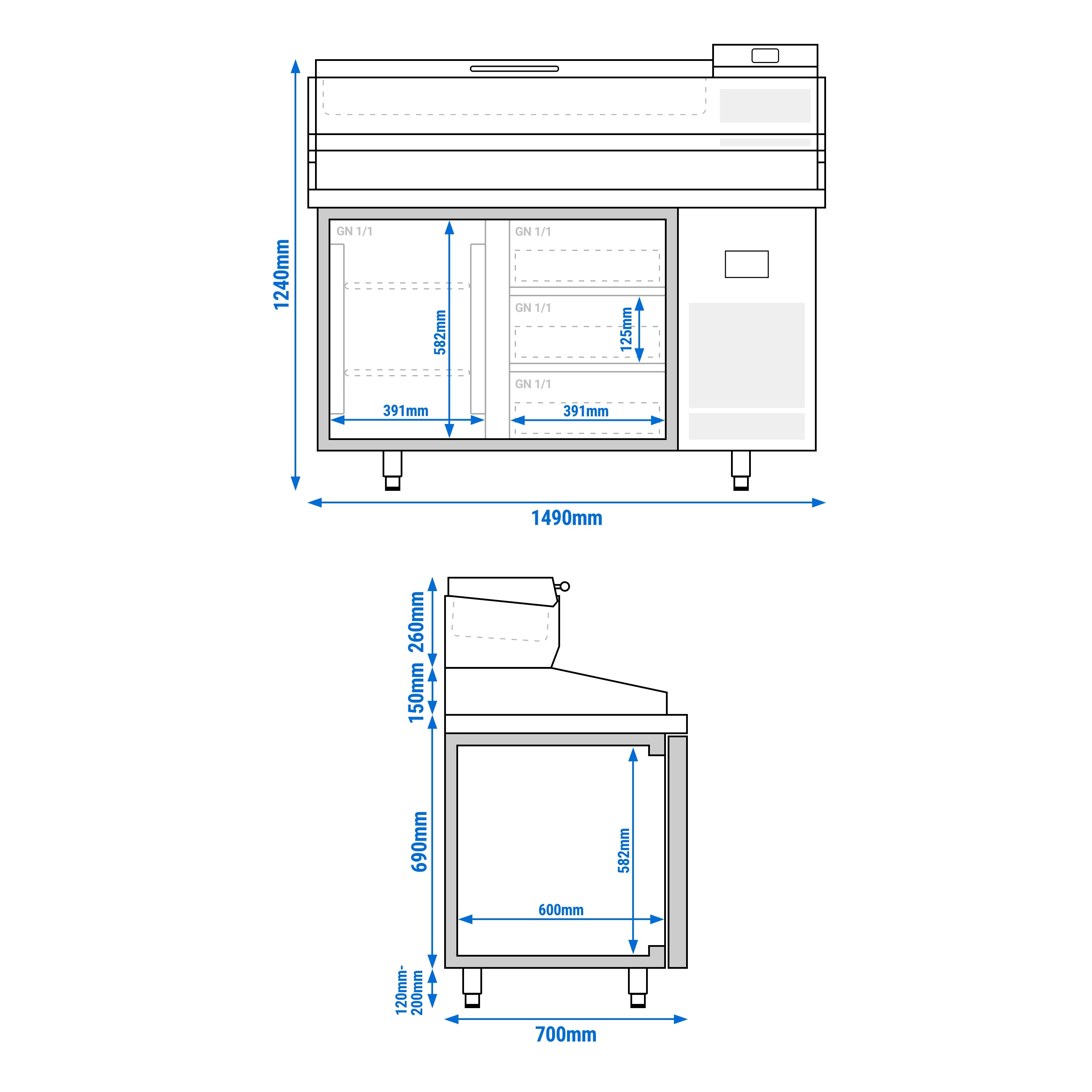 Table réfrigérée à pizza Premium PLUS - 1490x700 mm - avec 1 porte & 3 tiroirs - incl. vitrine réfrigérée - 6x GN 1/4