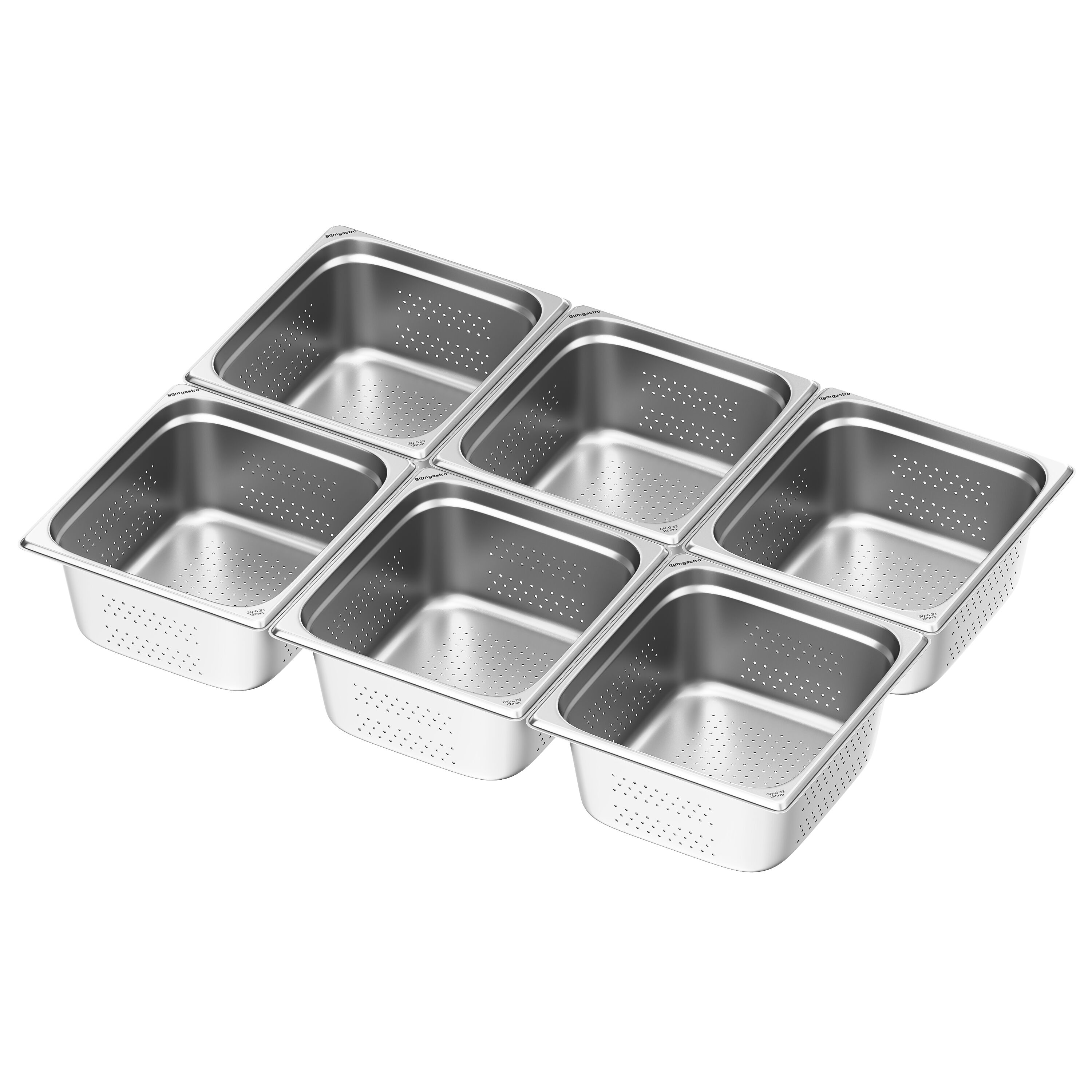 (6 pièces) Récipients en acier inoxydable GN 2/3 - perforés - Hauteur : 150mm