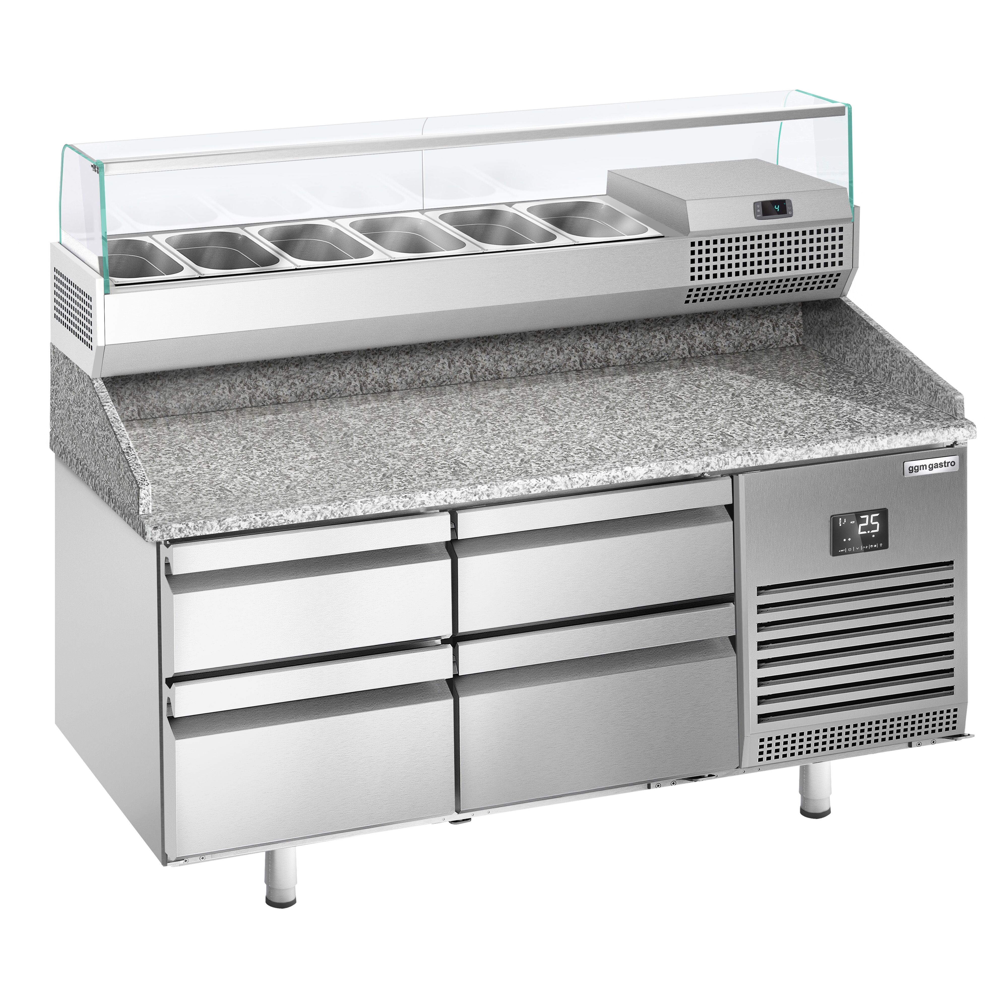 Table réfrigérée à pizza Premium PLUS - 1490x700 mm - avec 4 tiroirs - incl. vitrine réfrigérée - 6x GN 1/4