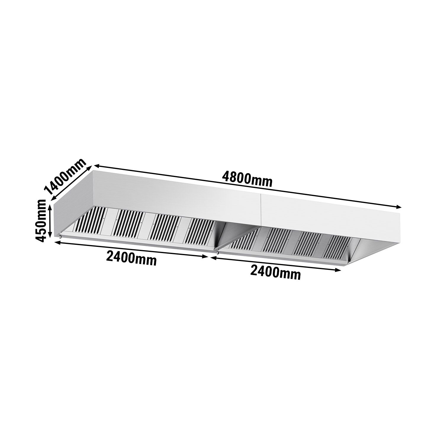 Hotte à adosser professionnelle - 4800mm - sans moteur - avec filtres et éclairage
