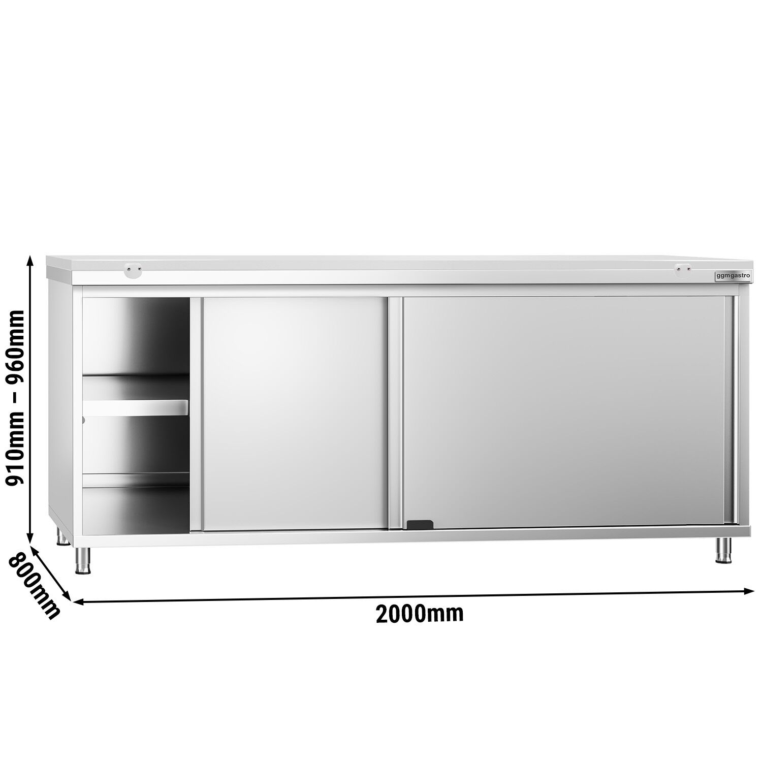 Table armoire en acier inoxydable PREMIUM - 2000x800mm - avec portes coulissantes et étagère basse - pour produits céréaliers, produits laitiers - incl. plateau de découpe Blanc PEHD (HACCP)