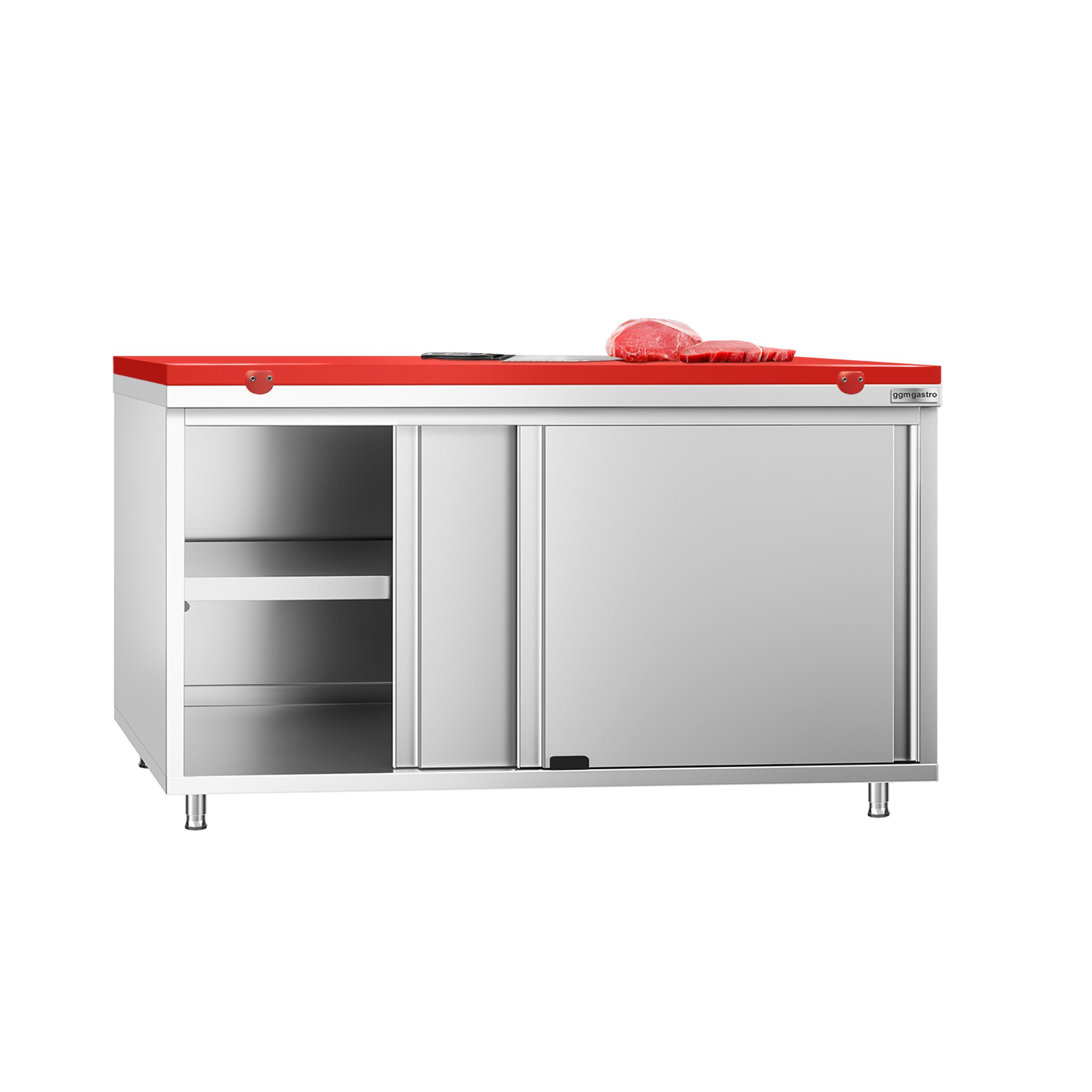 Table armoire en acier inoxydable PREMIUM - 1600x600mm - avec portes coulissantes - incl. plateau de découpe Rouge PEHD (HACCP) - pour viande crue