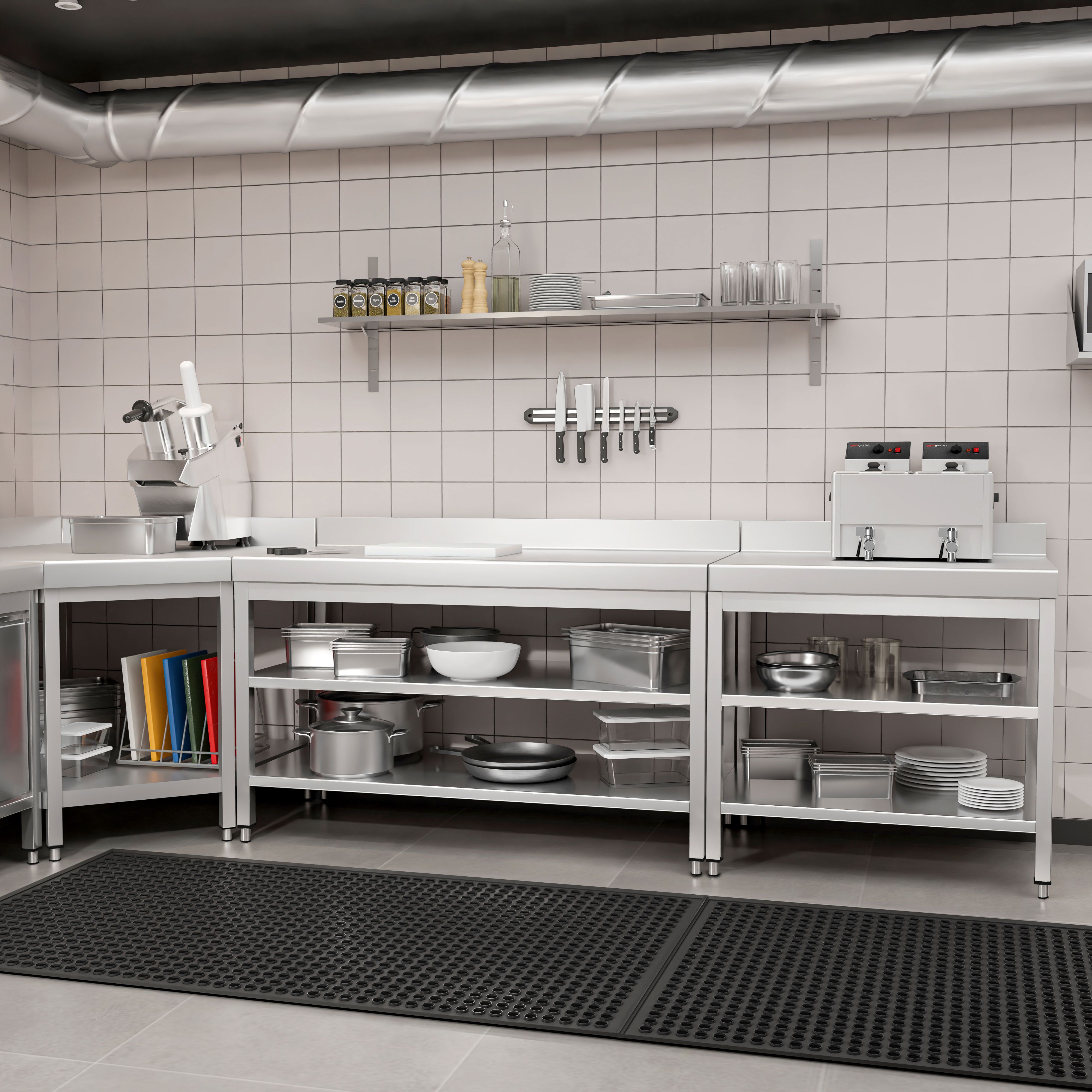 Table de travail inox PREMIUM - 1000 x 700 mm - avec tablette inférieure, Dosseret & Tablette intermédiaire