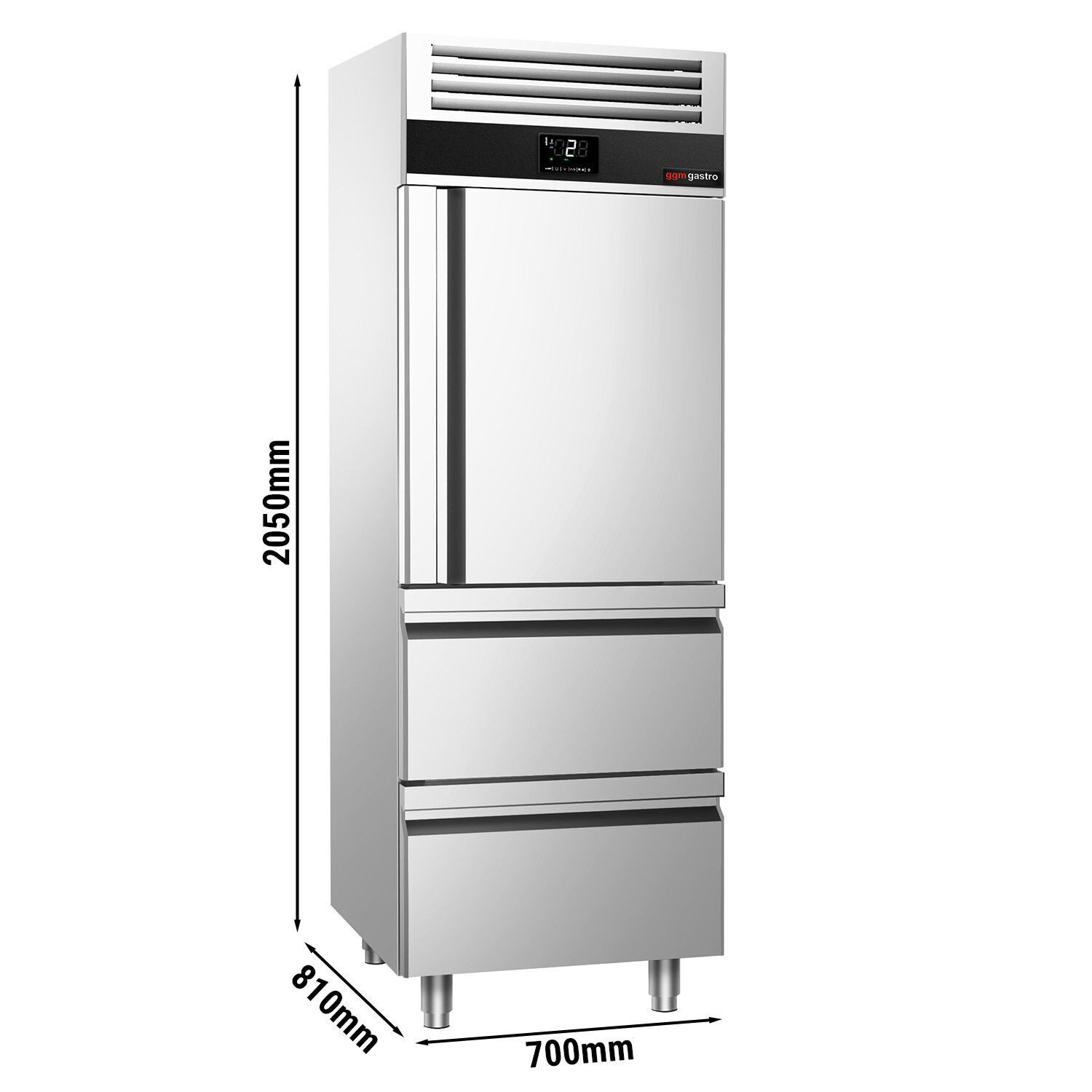 Armoire réfrigérée vitrée négative en acier inoxydable PREMIUM - GN 2/1 - 700 L - avec 1 porte vitrée & 2 tiroirs & 2 grilles GN 2/1 & Glissières